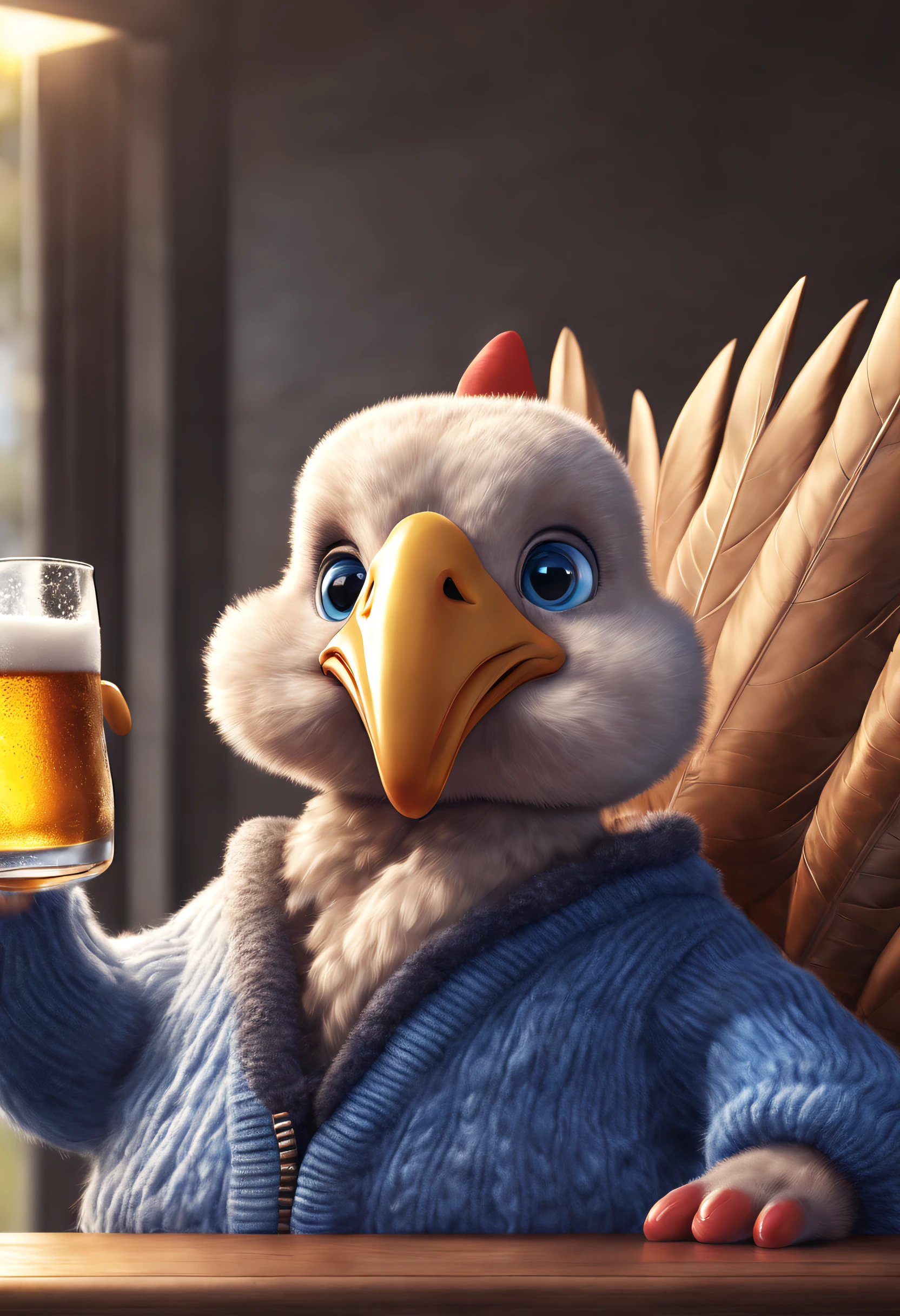 Brand advertising, Creative poster, Cute turkey wearing a blue sweater drinking beer, 3Drenderingof, Focus sharp, ultra-realistic realism, Fluffy, fantasy engine, 5 quality rendering, 3 Rendering, furry art,