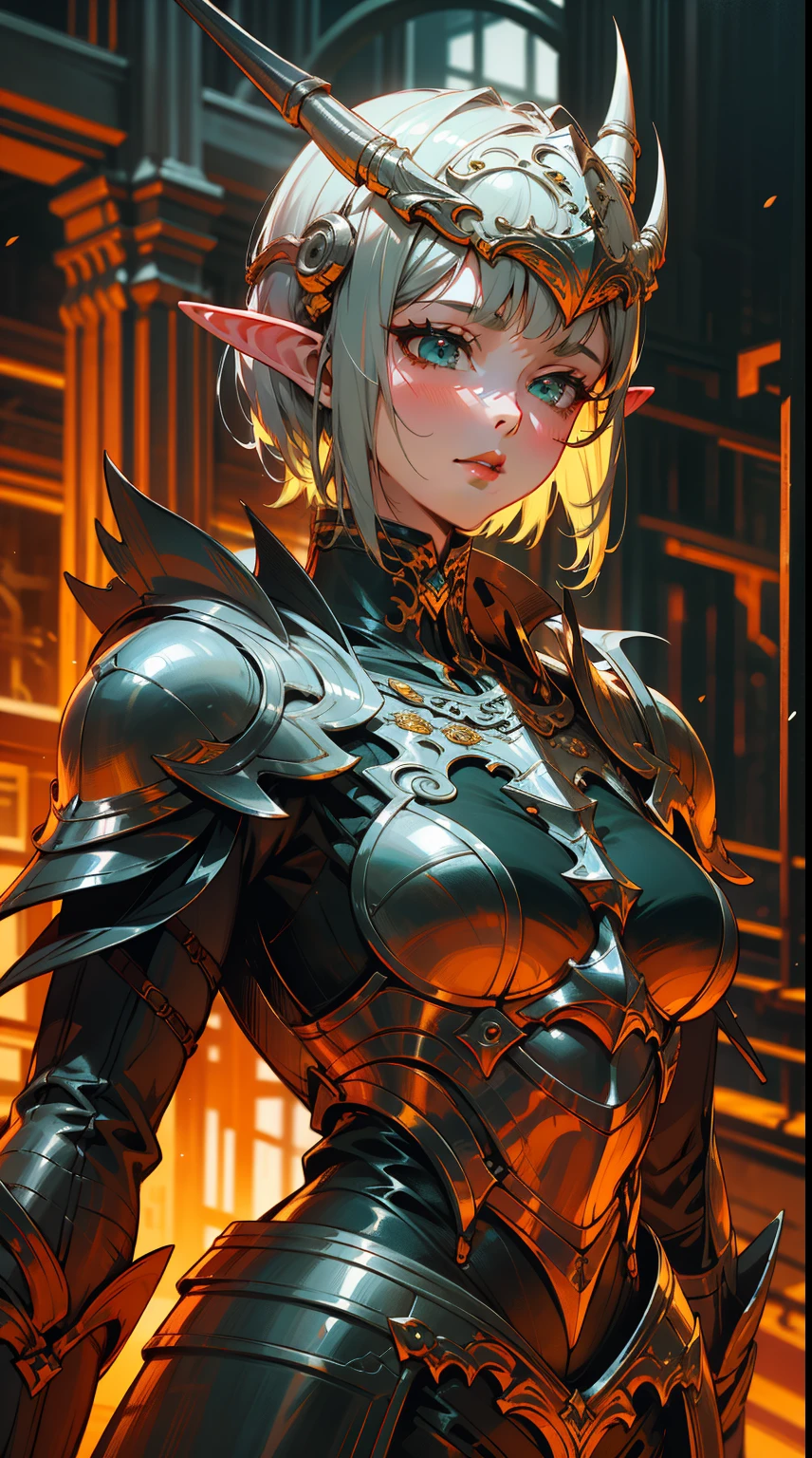 1girl, beautiful elf, a woman medieval knight, wearing a black and teal dress armor, full silver helmet, masterpiece, perfect lips, Bangs, silver hair, Perfect face and eye, perfect anatomy, short hair, asymmetrical hair, Art Nouveau background, dramatic, cinematic lighting, fine expression, fine detail, a digital painting by Yusuke Murata.