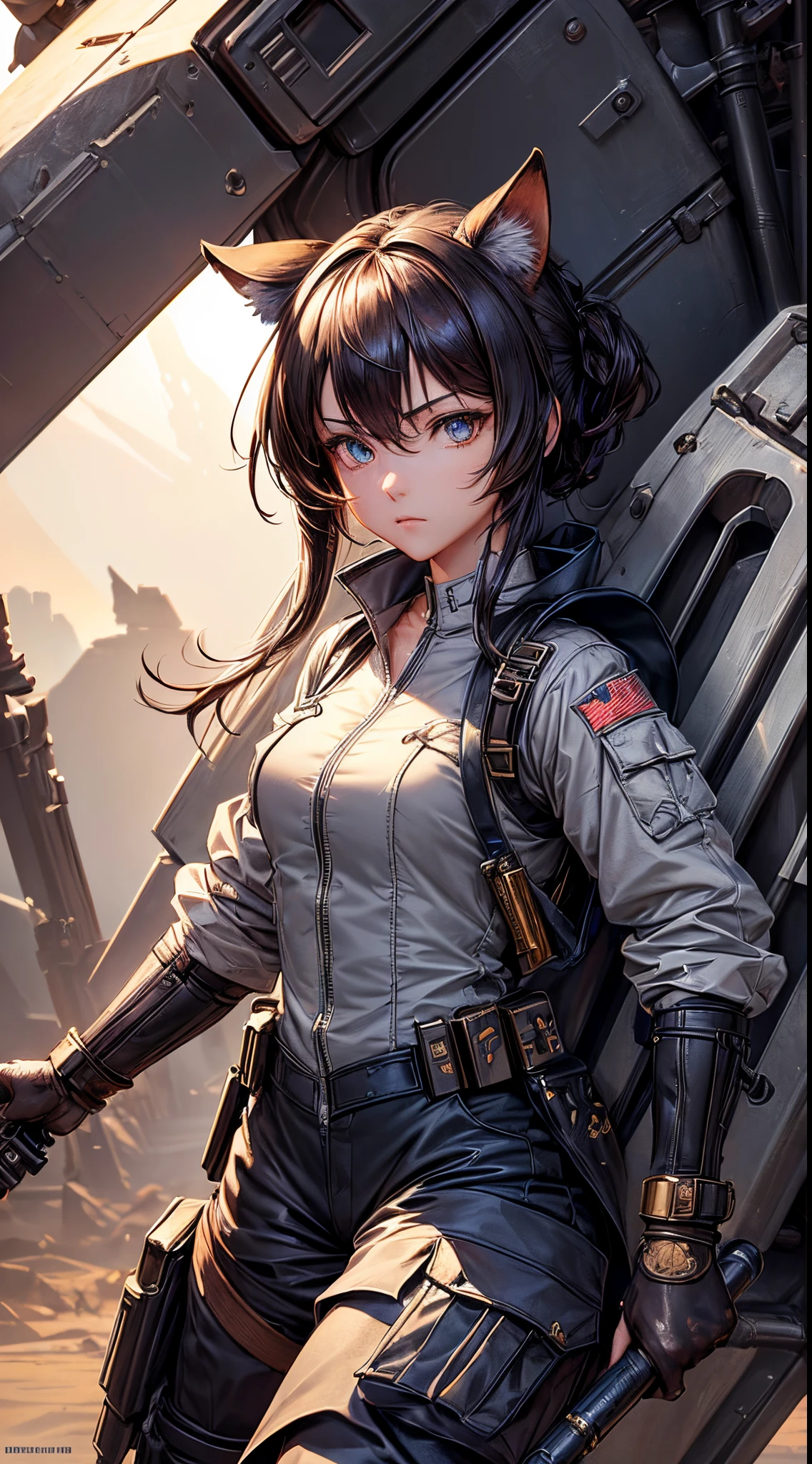 ((masterpiece、highest quality、Genuine、Very detailed、High resolution、Sharp focus、Photorealistic、Movie-like lighting))、Natural and realistic colors、((1 girl、Bust Shot))、Official Art、ＳＦmovie、Adult female, Age 25、blue eyes、Black bob short hair、Air Force uniform、Non-commissioned officer uniform、Combat air force jacket、Serious face、Sharp eyes、Realistic Face、The background is a battlefield、Burning Future Air Base、Spaceship in the sky、Dynamic Action、View your viewers、Detailed hand drawing