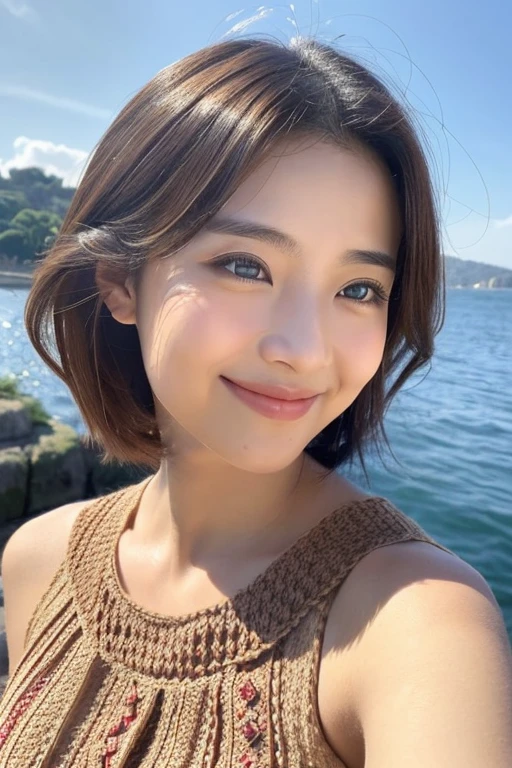 ((top-quality、8K、masterpiece:1.3))、japanes、26 year old、voluptuous woman、1girl in、(Slender figure:1.2)、brown haired、bob cuts、hyperdetailed face、Detailed lips、A detailed eye、二重まぶた、(huge-breasted:1.4)、A smile、((Knitted dresses))、((Upper Eyes:1,5))、((A smile))、Cross your arms in front of your chest、((squatt))、shot from front、sea side、