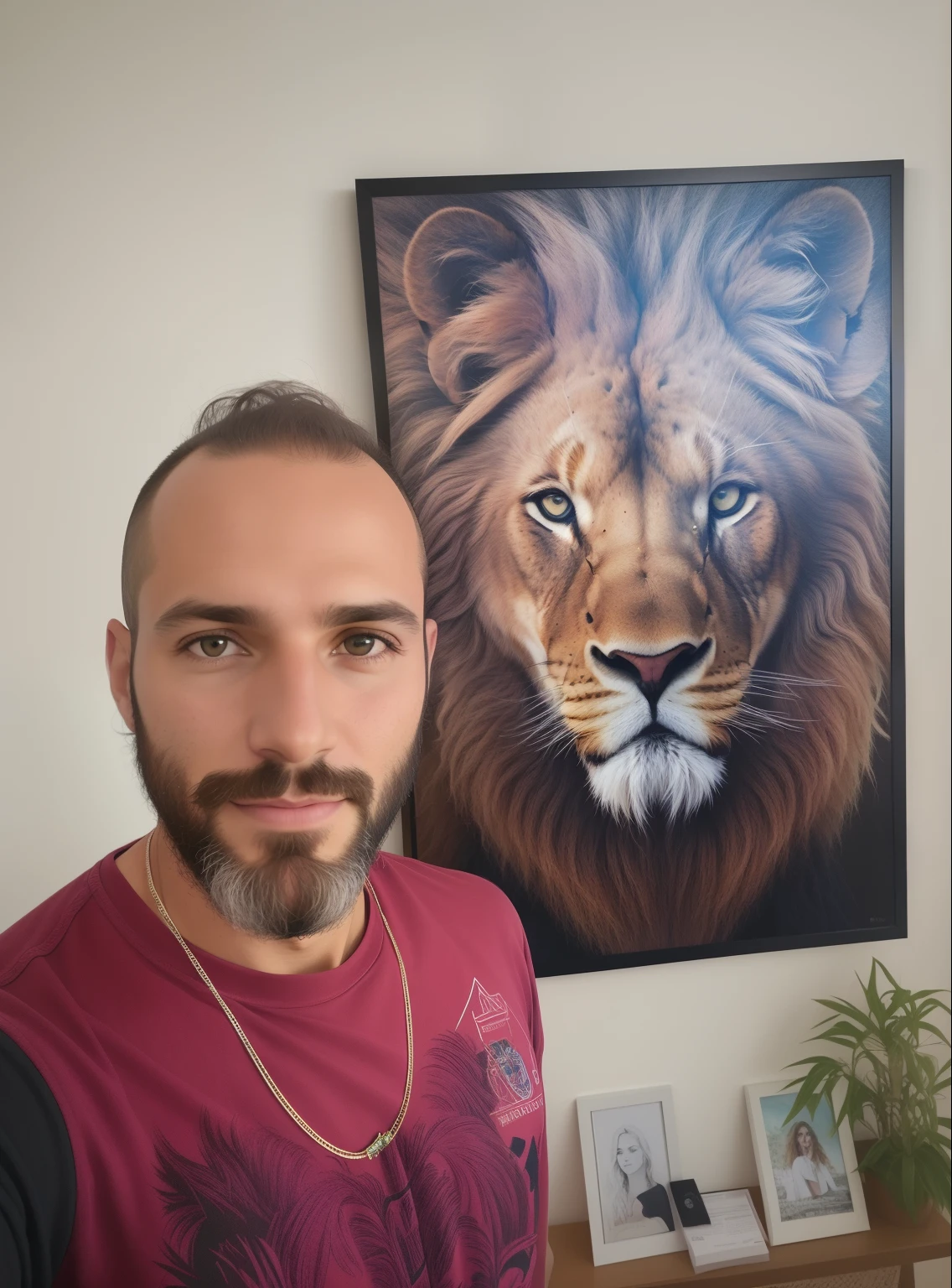 there is a man with a beard and a pink shirt, Fotografia selfie 8k, imagem de qualidade muito baixa, with the mane of a lion, extremely high quality artwork, tomada em 2 0 2 0, retrato da vida real, imagem de perfil, hyperrealism artstyle, by Hristofor Žefarović, imagem de alta qualidade, retrato de alta qualidade, foto de perfil