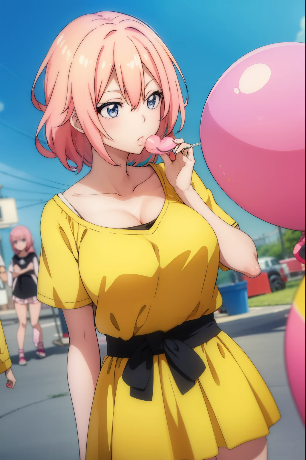 Cute girl, with a big lollipop in her hand, Large round lollipop, lollipop, Yellow clothes, Errors in drawing hands, Multicolored lollipop, candy, Umm Al-Candy, Draw hands better, Israel, Eggs, dolls, Israel Flag, Balloons, hearts, Israeli girl, underwear, Pink hair, licking a lollipop, coitus, Girl watching anime, otaku,sexy body, cake, Yellow underwear, Shinigami clothes, milk, juice