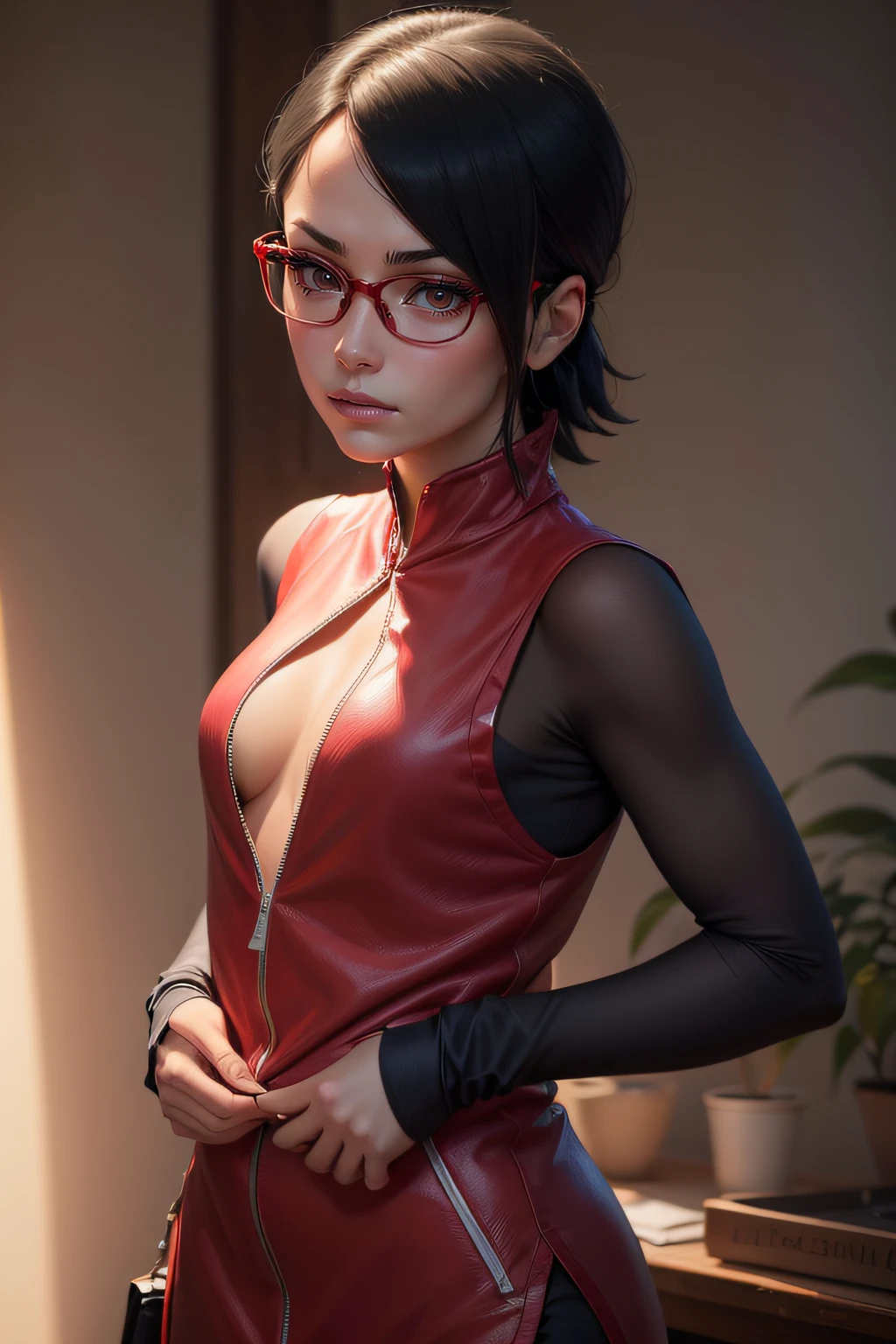 (highres,masterpiece:1.2),ultra-detailed,realistic,professional,beautiful detailed eyes,beautiful detailed lips,dark hair,short black hair,red glasses,stunning black eyes,clear skin,18-year-old girl,fashionable short hairstyle,vibrant red glasses,Shinobi Academy,fierce determination,confident posture,crimson outfit,intense gaze,background filled with ninjutsu techniques,shadows cleverly accentuating her features,subtle studio lighting,sublime realism,striking color tones