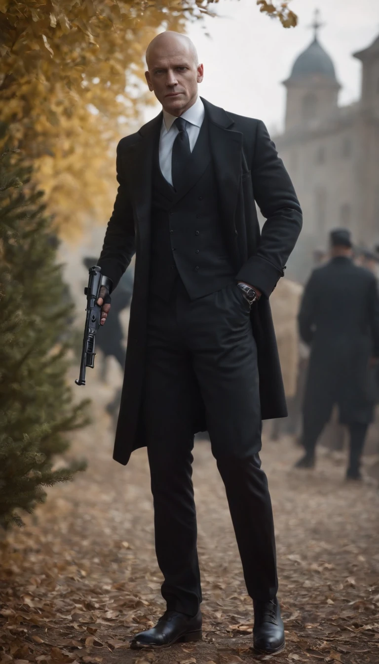 (best quality,4k,8k,highres,masterpiece:1.2), ultra-detailed, realistic:1.37, professional, vivid colors, bokeh, portraits, dark, cinematic lighting, Hitman 47, dressed in a sleek black suit, wearing black rubber gloves, black leather shoes, holding two silenced pistols, cross-armed in front of his chest, mysterious atmosphere, full-body shot