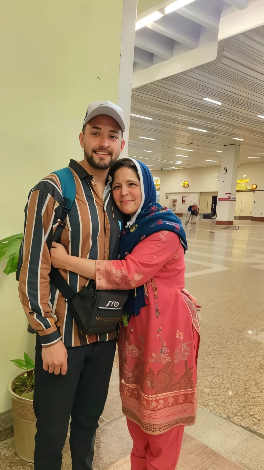 A 20 year boy standing with his mom who is hugging him tightly from the side