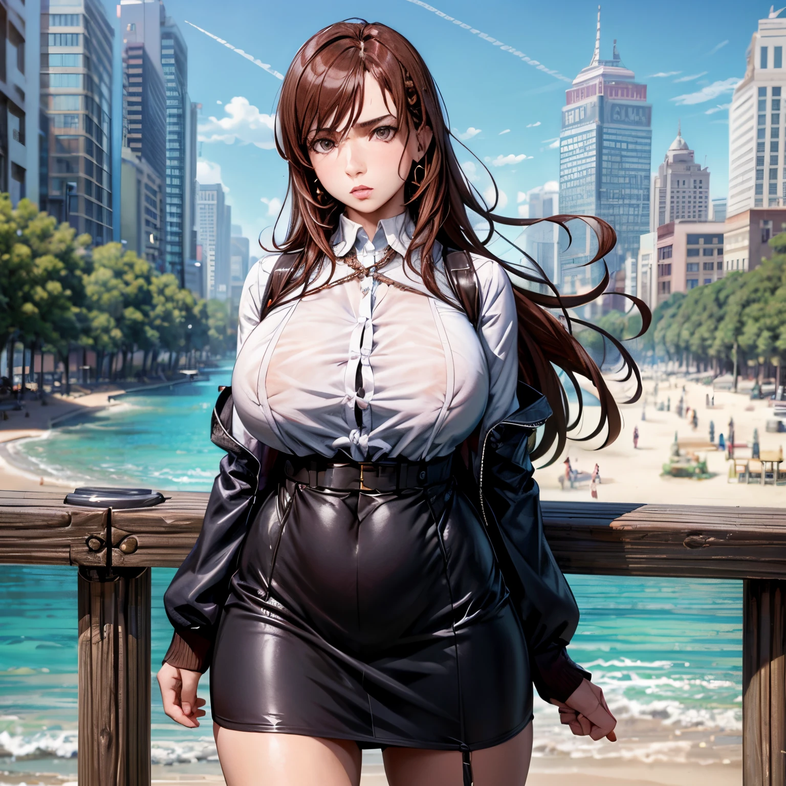 torres tiffany, tetas enormes, enorme, cabello rubio, ojos azules, Figura de reloj de arena, (La mejor calidad, Obra maestra, Arte Oficial, Altas Resoluciones:1.2), fondo de pantalla CG 8k extremadamente detallado, Foto realista, Ultra detallado, Una chica, office lady, Cabello largo, brown hair, Rostro del prefecto, brown eyes, (pechos enormes:1.2), escote, Camisa abierta, falda, pencil skirt, gargantilla, brazalete, Pendientes, Mirando al espectador, Disparo de vaquero