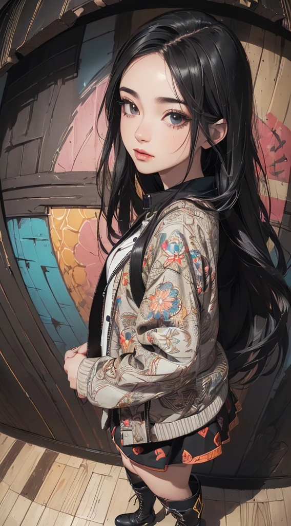 (((8k wallpaper of extremely detailed CG unit:1.2, masterpiece, hight resolution:1.2, top-quality:1.2, masutepiece))), ((a very beautiful woman, Figure with hands in jacket pockets:1.8, Grunge Fashion:1.2, Wearing a blouson, wearing skirt, Wearing boots)), ((extra detailed face, Extremely beautiful face, Highly detailed black eyes:1.2, extra detailed body, Top quality real texture skins)), (A dark-haired, length hair, de pele branca, Small), ((colorful geometric pattern wall, Colorful wall)), (high-angle, Fisheye:1.3), hyper realisitic, digitial painting,