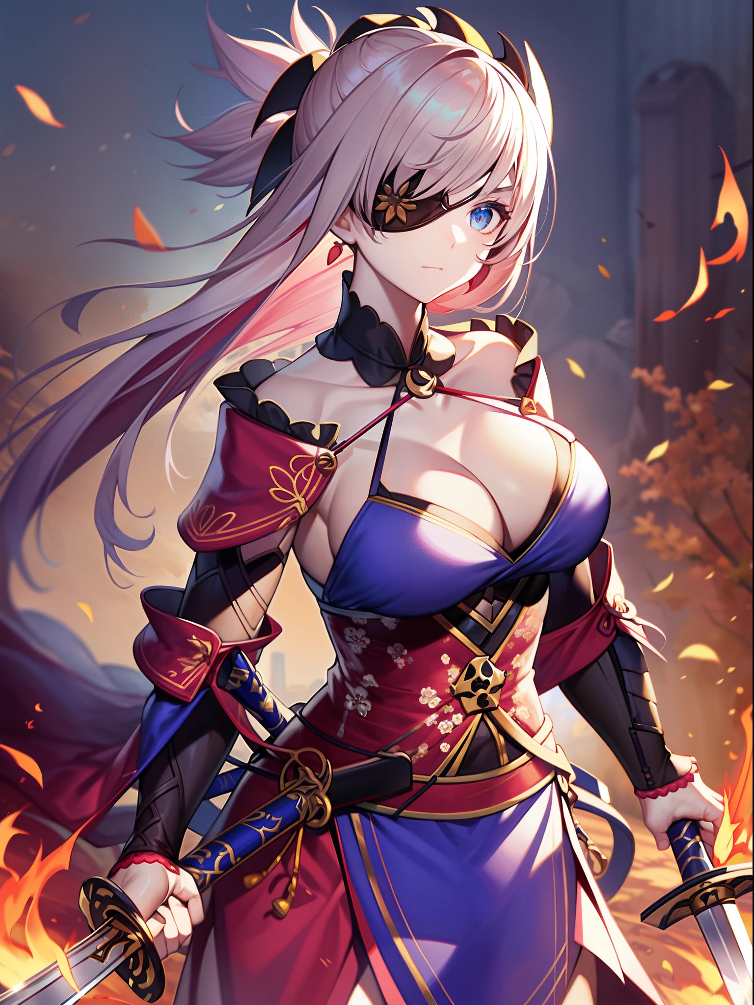 masterpiece, best quality, high resolution,
Saber2, Advanced Clothing, 1girl, solo, weapon, holding, sword, dual wielding, holding sword, holding weapon, cleavage, hair ornament, eyepatch, looking at viewer, unsheathed, standing, long hair, sheath, fire, collarbone, medium breasts, swept bangs, autumn leaves, closed mouth