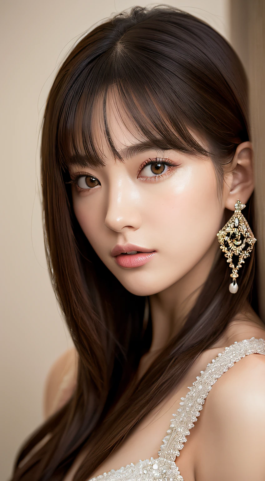 Create and express the best shining composition of the person in a realistic way。((masterpiece))、(((top-quality)))、((ultra-detailliert))、(A hyper-realistic)、(highly detailed CGillustration)、(extremely delicate and beautiful)、Girl a masterpiece、top-quality、Realistic skin feeling、Realistic fabric、We will introduce a realist illustration focusing on the center front of girls with realistic and ultra-detailed eyes.。This is the absolute rule, and the following sentence expresses the image quality。 The greatest painter in human history meets an unparalleled beauty、It is the greatest masterpiece in the history of the Inuiku Ichigo, which depicts the most beautiful figure of a lifetime.。 Create stunning anime artwork that is currently trending on seaStation、Introducing exquisite beauty and seductive aesthetics。jeweled dress