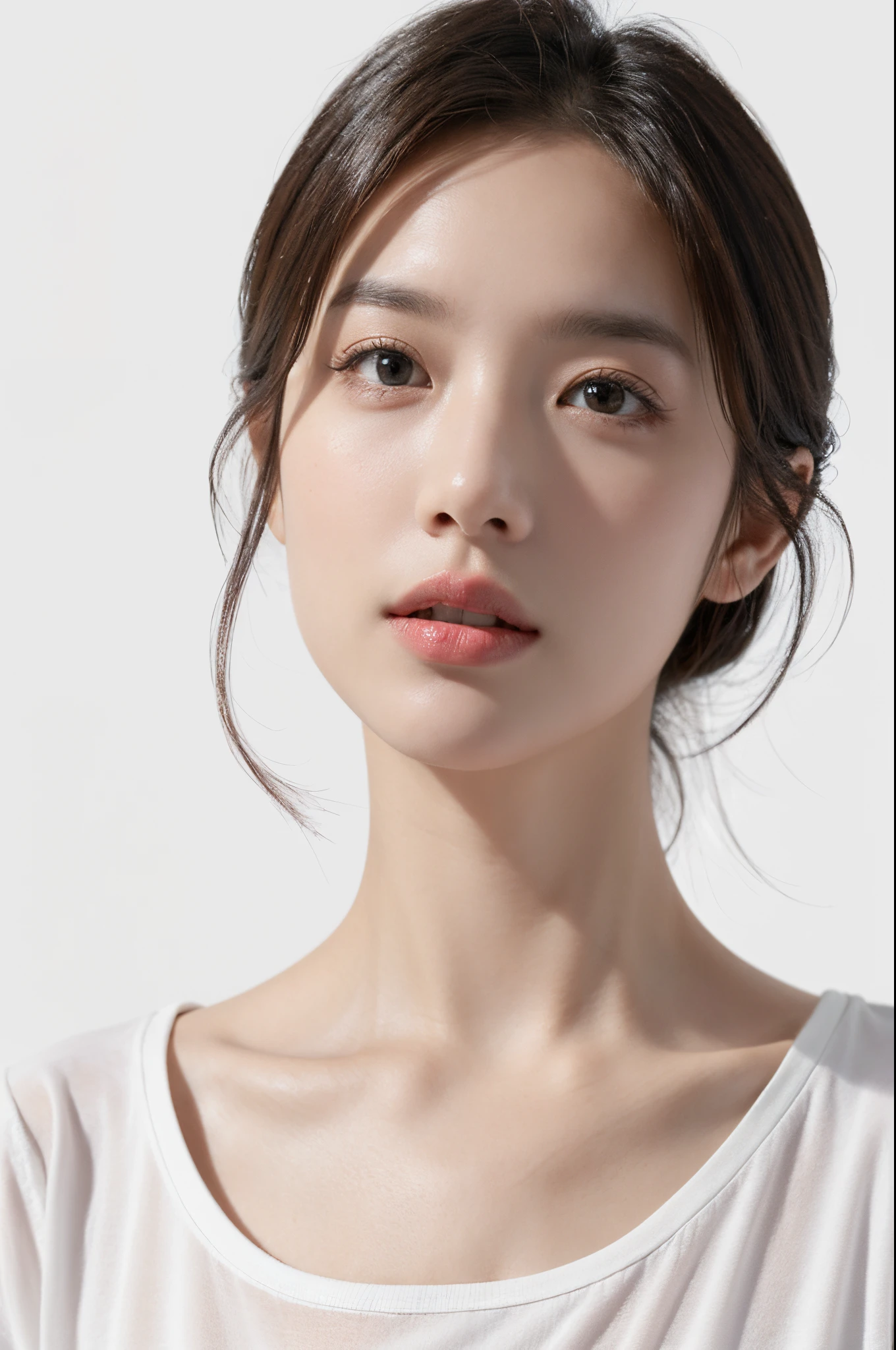 masterpiece,best quality,8k,realistic,solo,portrait,1girl,(white background),Look at the camera,(white shirt),