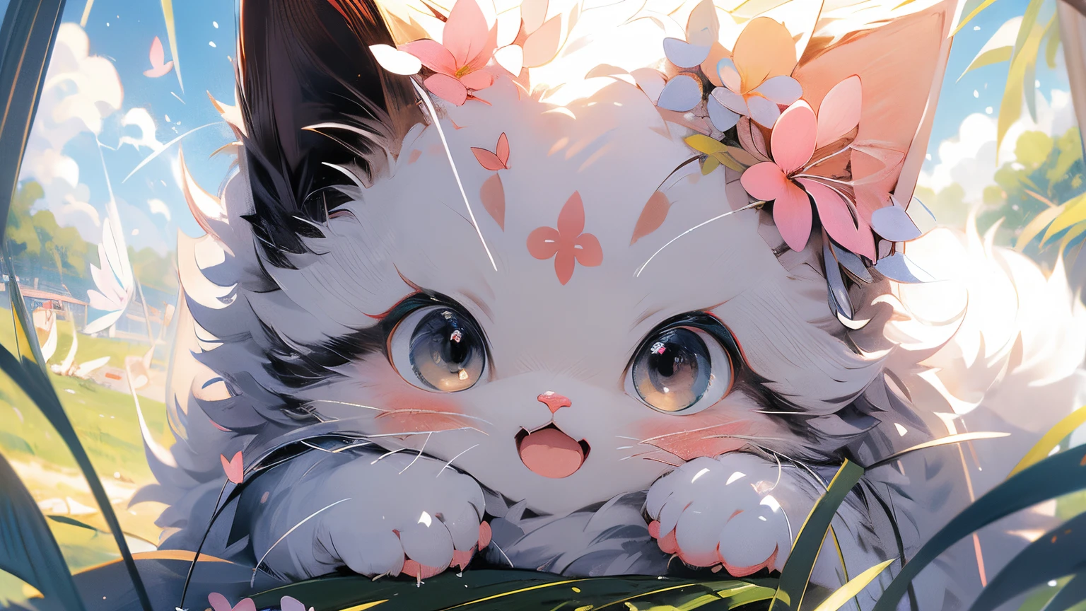 anime cat, anime visual of a cute cat, realistic anime cat, cute detailed digital art, Anime Art Wallpapers 4 k,Very beautiful furry art, Cute Anime Cats, white cat、Pink eyes、Pink eyes、butterflys々、butterflys々is flying、blue-sky、Sunnyday、Running、a smile、kirakira、rainbows、Rainbow、grass field、flower field、Pretty flowers、With background