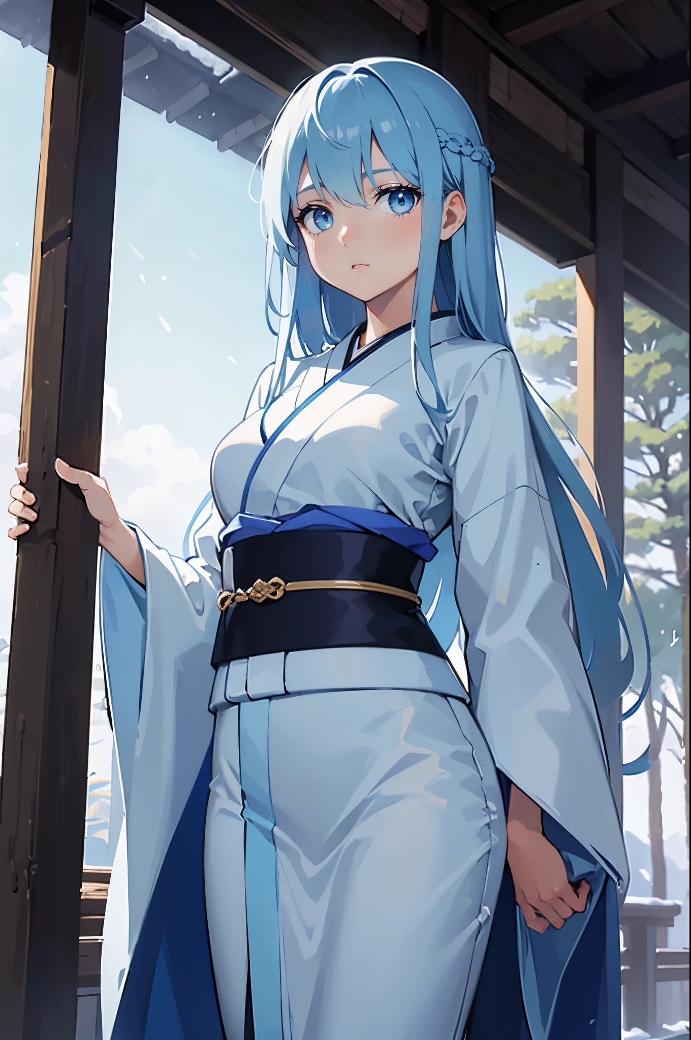 Safe for work, masterpiece, best quality, solo, 1 girl, wholesome girl, (young female body:1.4), ( medium breasts), cowboy shot, light blue hair, long light blue straight hair, extra long hair, blue eyes, piercing blue eyes, expressionless, suprised, outdoors, snowing forest,snow, japanese tradiotional kimono, light blue long kimono, dark and light blue long white kimono, elegant, flowing kimono,