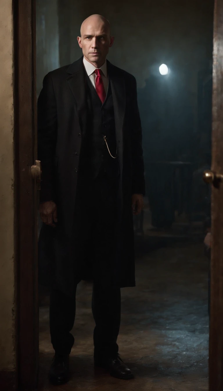A dark-haired, mysterious man with a shaved head and sharp features, wearing a black suit and a red tie, standing in a dimly lit hallway surrounded by shadows. The man's piercing blue eyes gaze intently, revealing a calm but determined expression. He holds a silver silenced pistol in his hand, which glimmers under the subtle glow of a single overhead light. The hallway is adorned with peeling wallpaper and faded paintings, creating an eerie and desolate atmosphere. The man's steps echo faintly as he carefully navigates the worn-out carpet towards his target.
In the distance, a flickering neon sign casts an ethereal glow through a rain-soaked window, bathing the scene in a mesmerizing mix of colors. The raindrops create a hauntingly beautiful pattern on the glass, adding to the overall sense of tension and anticipation. The walls are adorned with framed photographs, each capturing a different moment in the man's life as a professional assassin. These images serve as a haunting reminder of the lives he has taken, and the price he has paid for his lethal skills.
The hallway leads to a heavy metal door, guarded by two imposing figures dressed in all-black attire. Their expressions are stern and alert, making it clear that they are prepared to defend their location at all costs. The contrast between the darkness of the hallway and the harsh, artificial light emanating from the room beyond the door creates a sense of duality and suspense.
This is a high-resolution, cinematic artwork rendered with incredible attention to detail, showcasing the talent and precision of a professional artist. The subtle nuances of the man's facial features, the textures of his suit, and the interplay of light and shadows evoke a sense of realism, immersing the viewer in this gripping scene. The overall color palette is dark and moody, accentuating the sinister nature of the man's profession.
The lighting in this composition is exquisite, with carefully placed light sources casting dramatic shadows and illuminating strategic areas. The interplay between light and dark amplifies the tension and secrecy surrounding the man's actions, lending an air of mystery and danger to the entire scene. The deliberate use of shadows adds depth and dimension, giving the impression of a three-dimensional space.
In summary, this prompt depicts an intense scene featuring Agent 47, a master assassin, in a dimly lit hallway. The attention to detail, high image quality, and artistic elements combine to create a captivating and immersive image, capturing the essence of the character and his dangerous world.