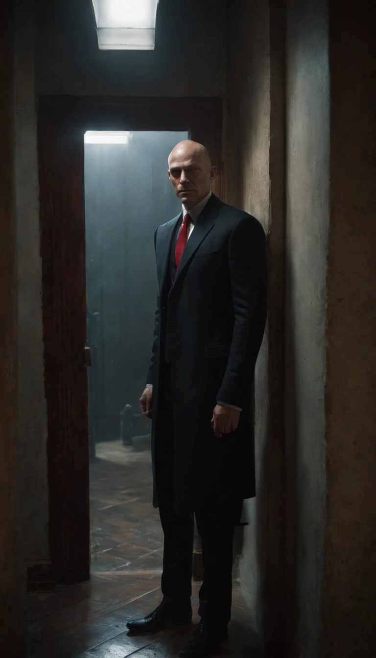 A dark-haired, mysterious man with a shaved head and sharp features, wearing a black suit and a red tie, standing in a dimly lit hallway surrounded by shadows. The man's piercing blue eyes gaze intently, revealing a calm but determined expression. He holds a silver silenced pistol in his hand, which glimmers under the subtle glow of a single overhead light. The hallway is adorned with peeling wallpaper and faded paintings, creating an eerie and desolate atmosphere. The man's steps echo faintly as he carefully navigates the worn-out carpet towards his target.

In the distance, a flickering neon sign casts an ethereal glow through a rain-soaked window, bathing the scene in a mesmerizing mix of colors. The raindrops create a hauntingly beautiful pattern on the glass, adding to the overall sense of tension and anticipation. The walls are adorned with framed photographs, each capturing a different moment in the man's life as a professional assassin. These images serve as a haunting reminder of the lives he has taken, and the price he has paid for his lethal skills.

The hallway leads to a heavy metal door, guarded by two imposing figures dressed in all-black attire. Their expressions are stern and alert, making it clear that they are prepared to defend their location at all costs. The contrast between the darkness of the hallway and the harsh, artificial light emanating from the room beyond the door creates a sense of duality and suspense.

This is a high-resolution, cinematic artwork rendered with incredible attention to detail, showcasing the talent and precision of a professional artist. The subtle nuances of the man's facial features, the textures of his suit, and the interplay of light and shadows evoke a sense of realism, immersing the viewer in this gripping scene. The overall color palette is dark and moody, accentuating the sinister nature of the man's profession.

The lighting in this composition is exquisite, with carefully placed light sources casting dramatic shadows and illuminating strategic areas. The interplay between light and dark amplifies the tension and secrecy surrounding the man's actions, lending an air of mystery and danger to the entire scene. The deliberate use of shadows adds depth and dimension, giving the impression of a three-dimensional space.

In summary, this prompt depicts an intense scene featuring Agent 47, a master assassin, in a dimly lit hallway. The attention to detail, high image quality, and artistic elements combine to create a captivating and immersive image, capturing the essence of the character and his dangerous world.