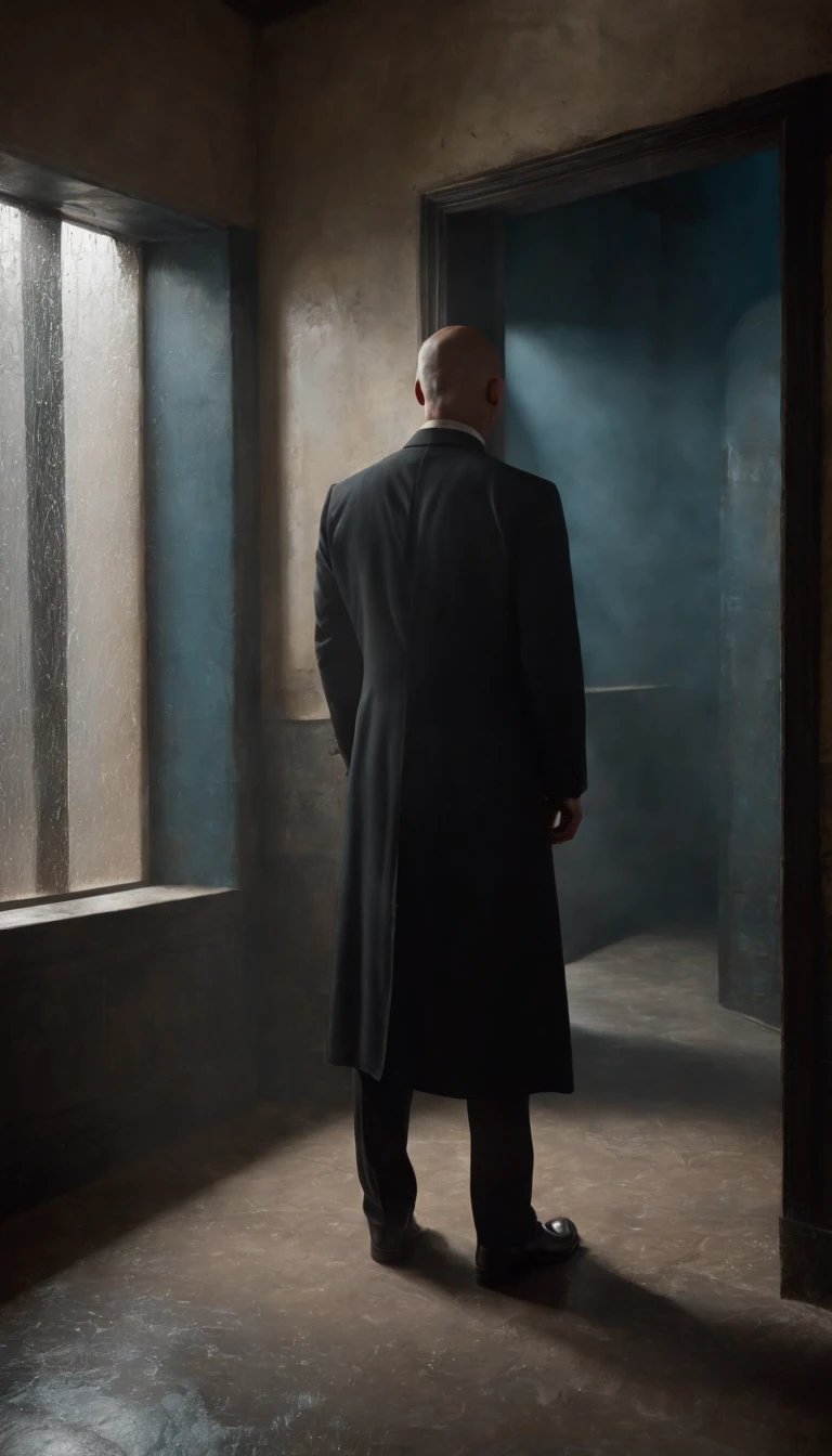 A dark-haired, mysterious man with a shaved head and sharp features, wearing a black suit and a red tie, standing in a dimly lit hallway surrounded by shadows. The man's piercing blue eyes gaze intently, revealing a calm but determined expression. He holds a silver silenced pistol in his hand, which glimmers under the subtle glow of a single overhead light. The hallway is adorned with peeling wallpaper and faded paintings, creating an eerie and desolate atmosphere. The man's steps echo faintly as he carefully navigates the worn-out carpet towards his target.

In the distance, a flickering neon sign casts an ethereal glow through a rain-soaked window, bathing the scene in a mesmerizing mix of colors. The raindrops create a hauntingly beautiful pattern on the glass, adding to the overall sense of tension and anticipation. The walls are adorned with framed photographs, each capturing a different moment in the man's life as a professional assassin. These images serve as a haunting reminder of the lives he has taken, and the price he has paid for his lethal skills.

The hallway leads to a heavy metal door, guarded by two imposing figures dressed in all-black attire. Their expressions are stern and alert, making it clear that they are prepared to defend their location at all costs. The contrast between the darkness of the hallway and the harsh, artificial light emanating from the room beyond the door creates a sense of duality and suspense.

This is a high-resolution, cinematic artwork rendered with incredible attention to detail, showcasing the talent and precision of a professional artist. The subtle nuances of the man's facial features, the textures of his suit, and the interplay of light and shadows evoke a sense of realism, immersing the viewer in this gripping scene. The overall color palette is dark and moody, accentuating the sinister nature of the man's profession.

The lighting in this composition is exquisite, with carefully placed light sources casting dramatic shadows and illuminating strategic areas. The interplay between light and dark amplifies the tension and secrecy surrounding the man's actions, lending an air of mystery and danger to the entire scene. The deliberate use of shadows adds depth and dimension, giving the impression of a three-dimensional space.

In summary, this prompt depicts an intense scene featuring Agent 47, a master assassin, in a dimly lit hallway. The attention to detail, high image quality, and artistic elements combine to create a captivating and immersive image, capturing the essence of the character and his dangerous world.