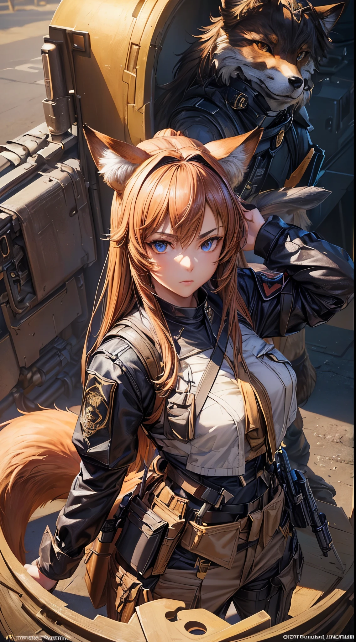 A woman with blind milky eyes, red eyeliner, an unhinged smile, seven red fox tails, large fox ears, and red flowing hair, (best quality,4k,8k,highres,masterpiece:1.2),ultra-detailed,,HDR,UHD,studio lighting,ultra-fine painting,sharp focus,physically-based rendering,extreme detail description,professional,vivid colors,bokeh,ruanyi0300, futuristic armor, atmospheric,dramatic lighting