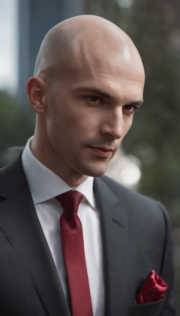 (best quality,4k,8k,highres,masterpiece:1.2),ultra-detailed,(realistic,photorealistic,photo-realistic:1.37),Hitman 47,full-body shot,hyperrealistic art,surrealistic,portrait,professional lighting,sharp focus,vivid colors,monochrome,subtle shadows,detailed facial features,expressive eyes,sharp cheekbones,well-groomed stubble,bald head,slim physique,fitting black suit,red tie,dynamic pose,crisp lines,impeccable details,sophisticated background,chromatic aberration,Gaussian blur