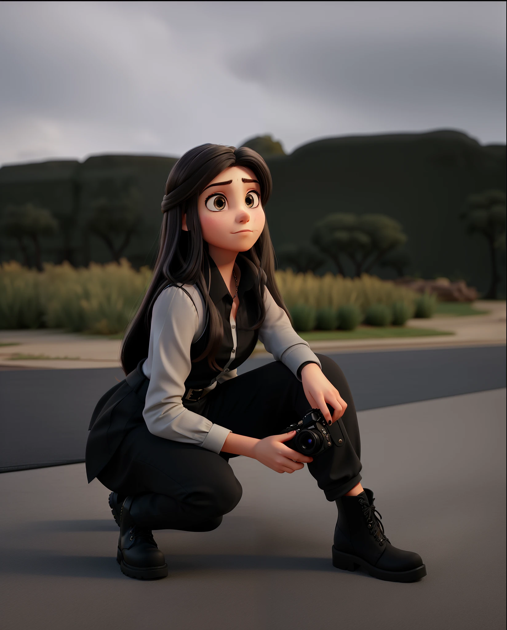 Create for me an image of a woman looking fictionally straight on, she has a slightly more serious face looking at the photo, she has long hair, she is wearing a black blouse and black pants and is holding a camera in his hands and also wearing combat boots on his feet, create an image reminiscent of Disney Pixar with good quality