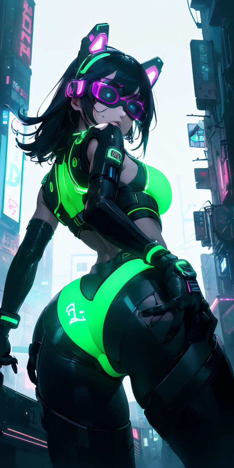 top-quality))、((​masterpiece)、cyberpunked、Big buttocks、Electronic visor attached to 's face with emphasis on buttocks、Cyberpunk Fashion、Sexy Posing、(Wearing white body spats on lower body、Breasts enlarged、Neon lights in dark city at night