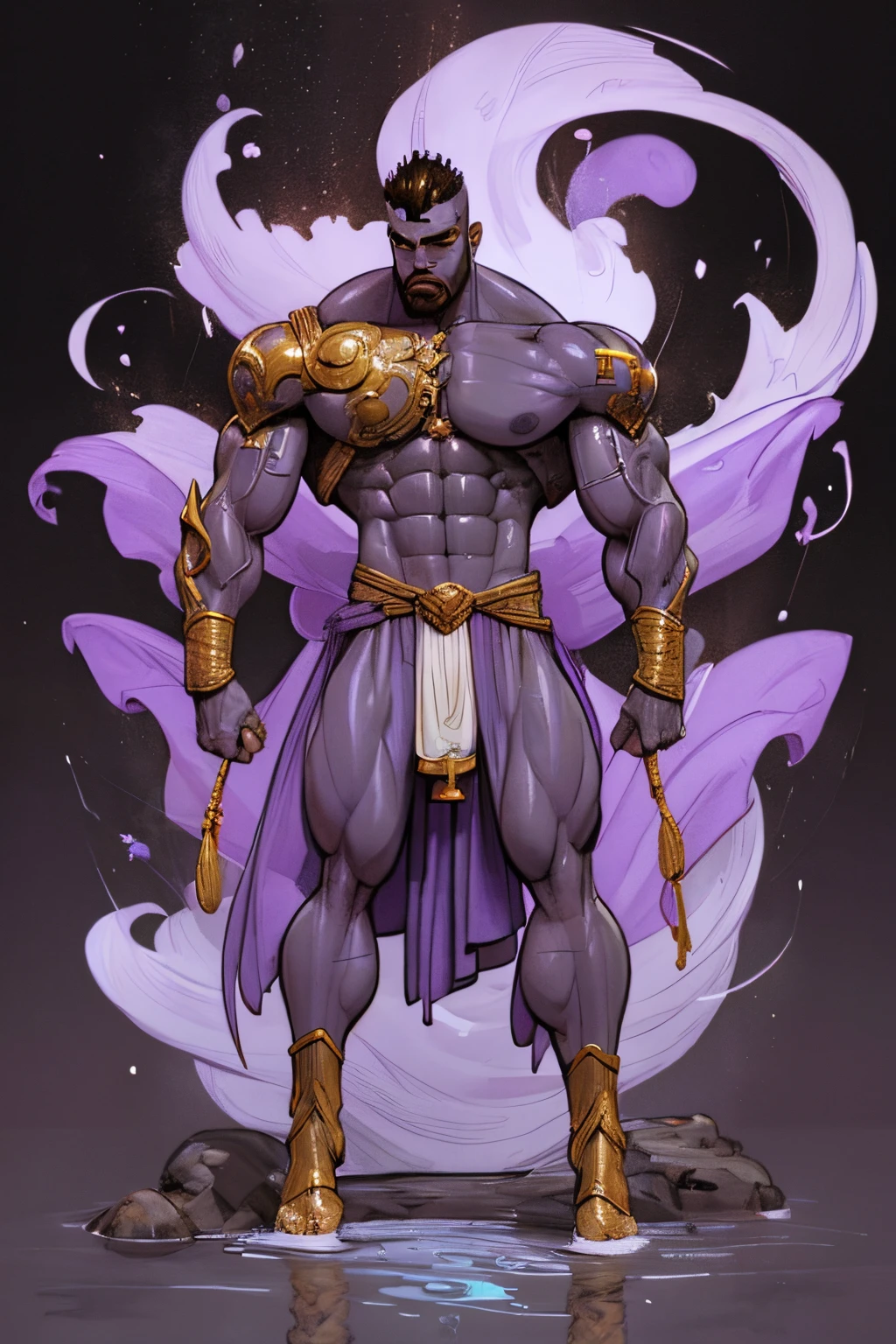 ((Confident pose:1.5)), a painting of a (((muscular))) man with water Aura, large body of water surrounds man, The God Poseidon, ((thick muscular thighs)), The God of the Sea, brown loincloth, golden horns on head, Poseidon, ((colored lavender skin)), colored skin, ((lavender skin:1.5)),((light lavender face)), ((light lavender legs)), ((light lavender arms)), ((lavender feet)), God of the Ocean, God Shiva the Destroyer, Like an Atlantean, ((no hair)), veiny biceps, chiseled abs, muscular legs, rugged face, bald head, masterpiece, 8k