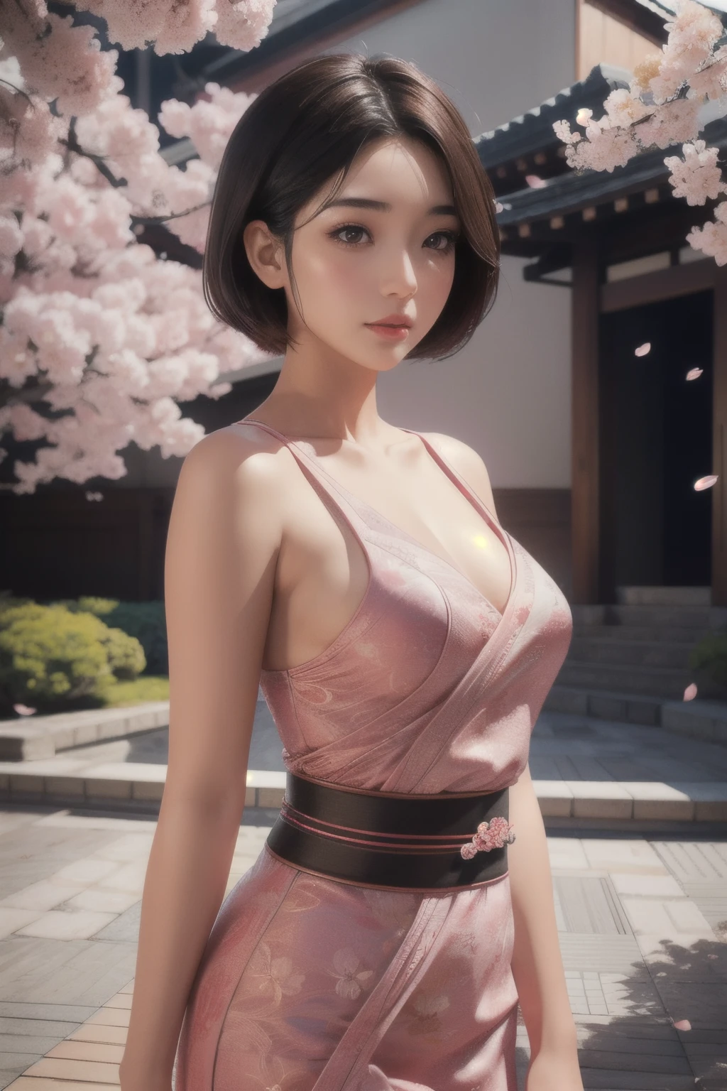 beautiful japanese young woman, thick symmetrical features, very short hair, background is cherry blossoms, pink aura, red lips, octane render,