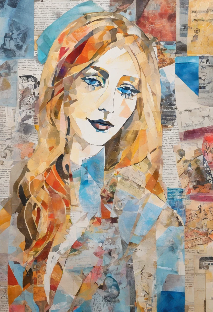 drawing, Sketched, watercolor paiting, Collage of Picasso and Robert Delaunay, Cubism, abstract, Cute daughter, big clear blue eyes, a smile, slightly red cheek, Blonde long-haired, News papers and fashion magazines in the background, Intricate Brushwork, high-level image quality, A breathtaking masterpiece