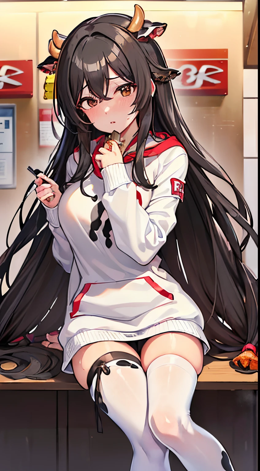 (tmasterpiece),(Best quality:1),(超高分辨率:1),Wallpapers,Detailed depiction of the,Delicate and beautiful skin,Dewy skin,Sweaty skin,(Front focus),(exceedingly_long_law:0.8),(Torn pantyhose:1),(idolmaster shiny colors,cow boy shooting,Short straight black hair,Ridiculously long hair:1.5),((1 busty girl, Alone, Fried chicken shop, kfc, sitted, hoody, Brown eyes, view the viewer,White hoodies, upper legs,hamburgers, Redlip, The foot extends beyond the frame, longer sleeves, Open lips, ))
