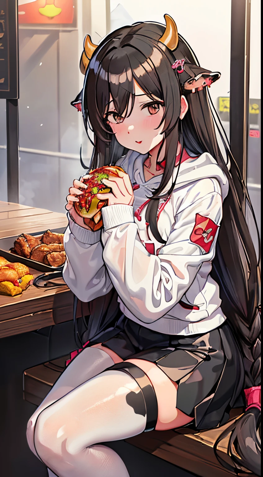 (tmasterpiece),(Best quality:1),(超高分辨率:1),Wallpapers,Detailed depiction of the,Delicate and beautiful skin,Dewy skin,Sweaty skin,(Front focus),(exceedingly_long_law:0.8),(Torn pantyhose:1),(idolmaster shiny colors,cow boy shooting,Short straight black hair,Ridiculously long hair:1.5),((1 busty girl, Alone, Fried chicken shop, kfc, sitted, hoody, Brown eyes, view the viewer,White hoodies, upper legs,hamburgers, Redlip, The foot extends beyond the frame, longer sleeves, Open lips, ))