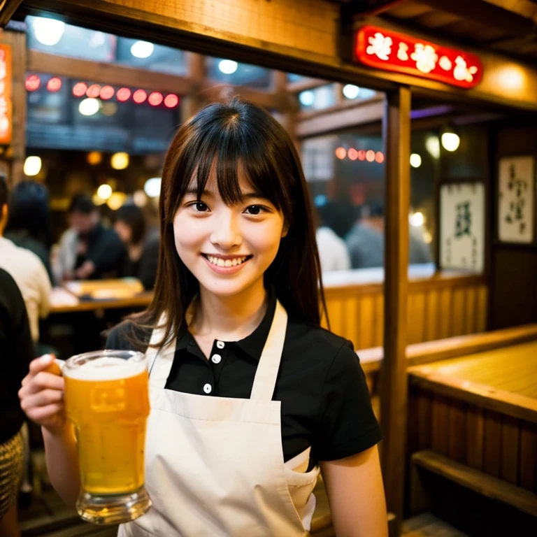 girl with, Smile, At a very crowded yakitori restaurant, plain black collar shirt、fried chicken、Yakitori is on sale,I have a beer mug