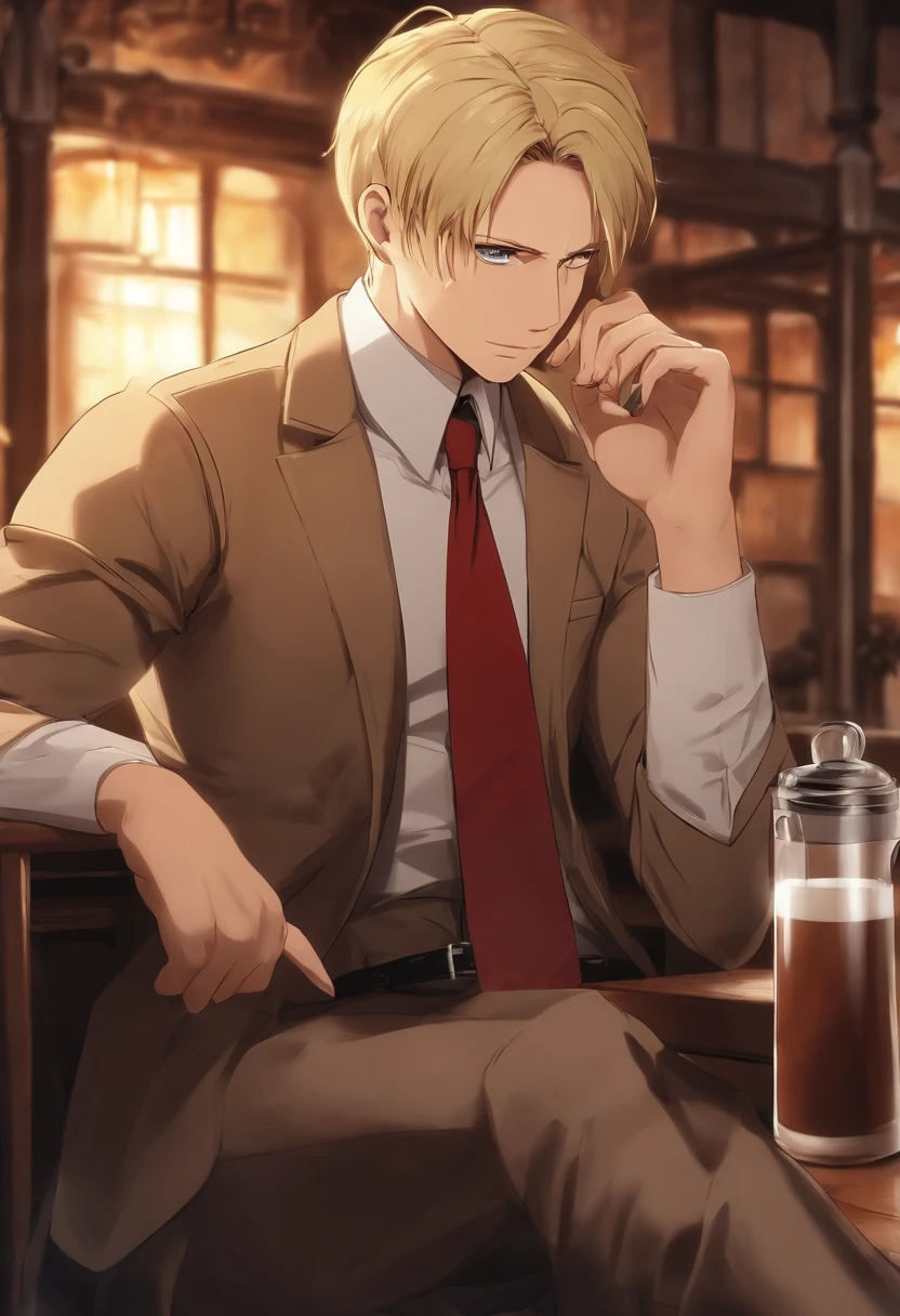 A photo of Reiner sitting in a quiet cafe, deep in thought with a cup of coffee in hand.,Attack on Titan,Reiner Braun is tall, buff, with very short blonde hair and a very short stubble goatee, small amber eyes, thin eyebrows, very masculine features. Wears a long beige coat, white dress shirt, black tie, and a red armband with a white nine-pointed star on it. (Reiner Braun from Attack on Titan)