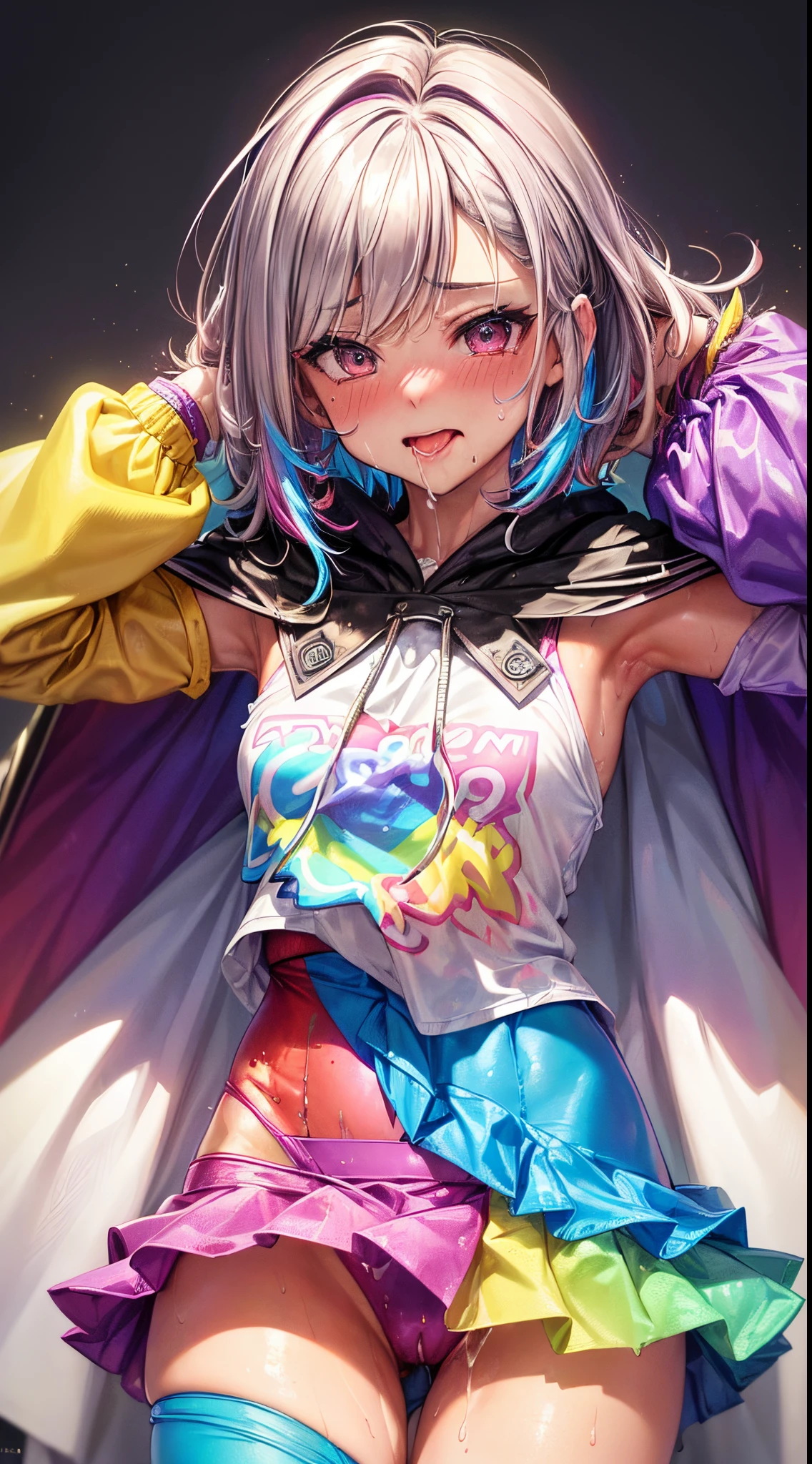 One lady,ar old,um in mouth)) ,(((blushed face))), ((cum on tongue)), (())((I'm opening my mouth)),((colorful skirts, Colorful bodysuit and colorful short cloak))(Happy Ahe Face),Wet with sweat,(A dark-haired,)Drooling,((Street,natta))((Clothes are tattered))