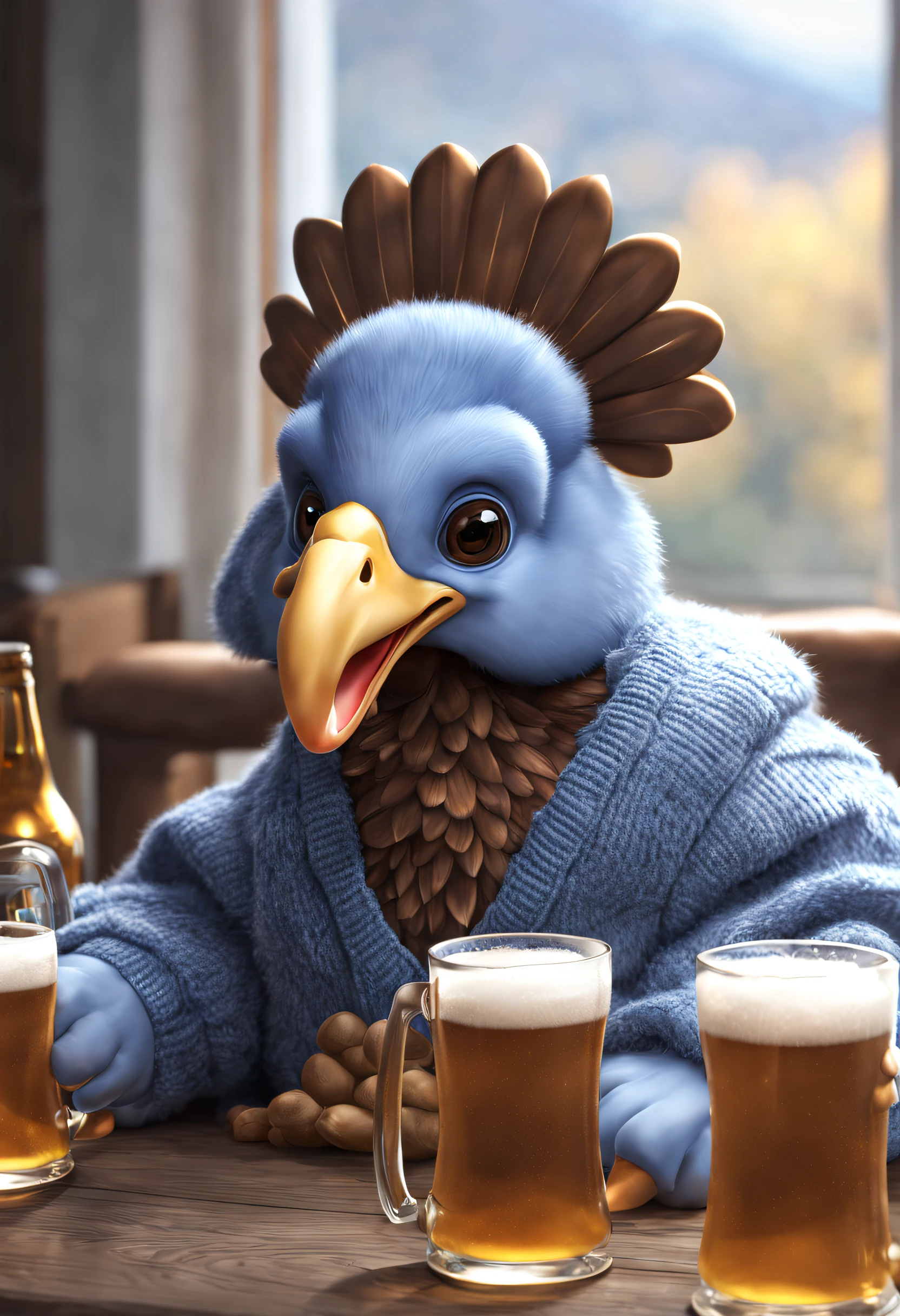 Brand advertising, Creative poster, Cute turkey wearing blue sweater ，drinking beer， 3 Rendering, Focus sharp, ultra-realistic realism, Fluffy, fantasy engine, 5 quality rendering, 3 Rendering, furry art,