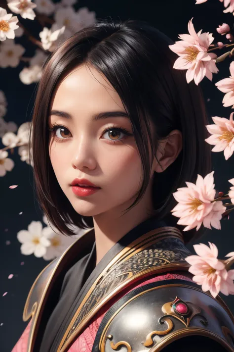 beautiful japanese young woman, wearing ninja armor, thick symmetrical features, very short hair, background is cherry blossoms,...