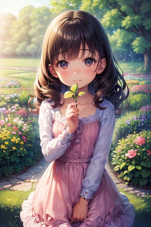 (best quality,ultra-detailed,realistic:1.37),portrait,child,youngest,garden scene,fresh flowers,soft sunlight,playful expression,innocent smile,curly hair,dainty hands holding a flower,pink dress,green grass,peaceful atmosphere,whisper of wind,blurred background,dreamy colors,gentle touch of nature,endearing moment of childhood,moment frozen in time