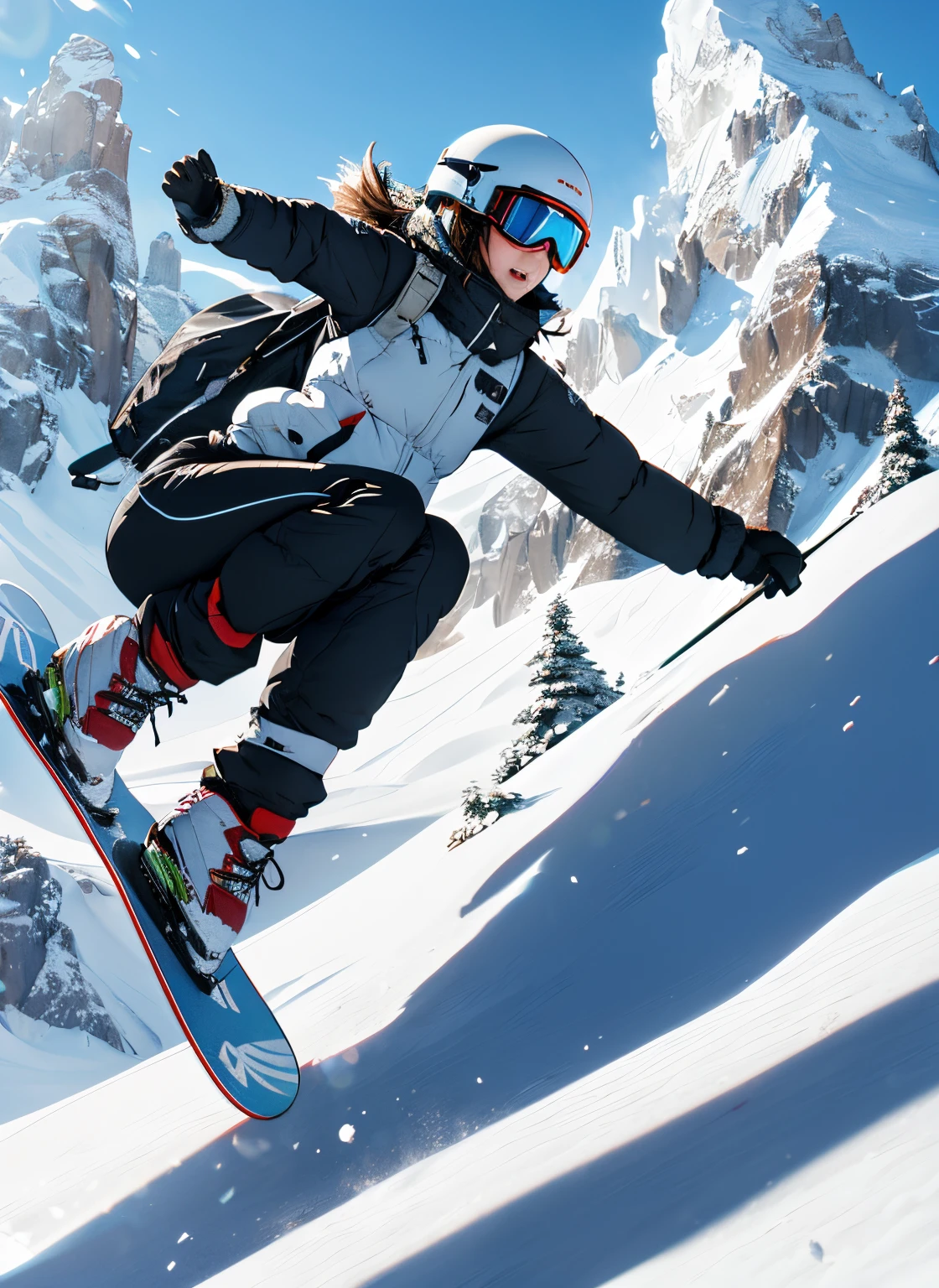 Woman snowboarding in a valley in the Rocky Mountains