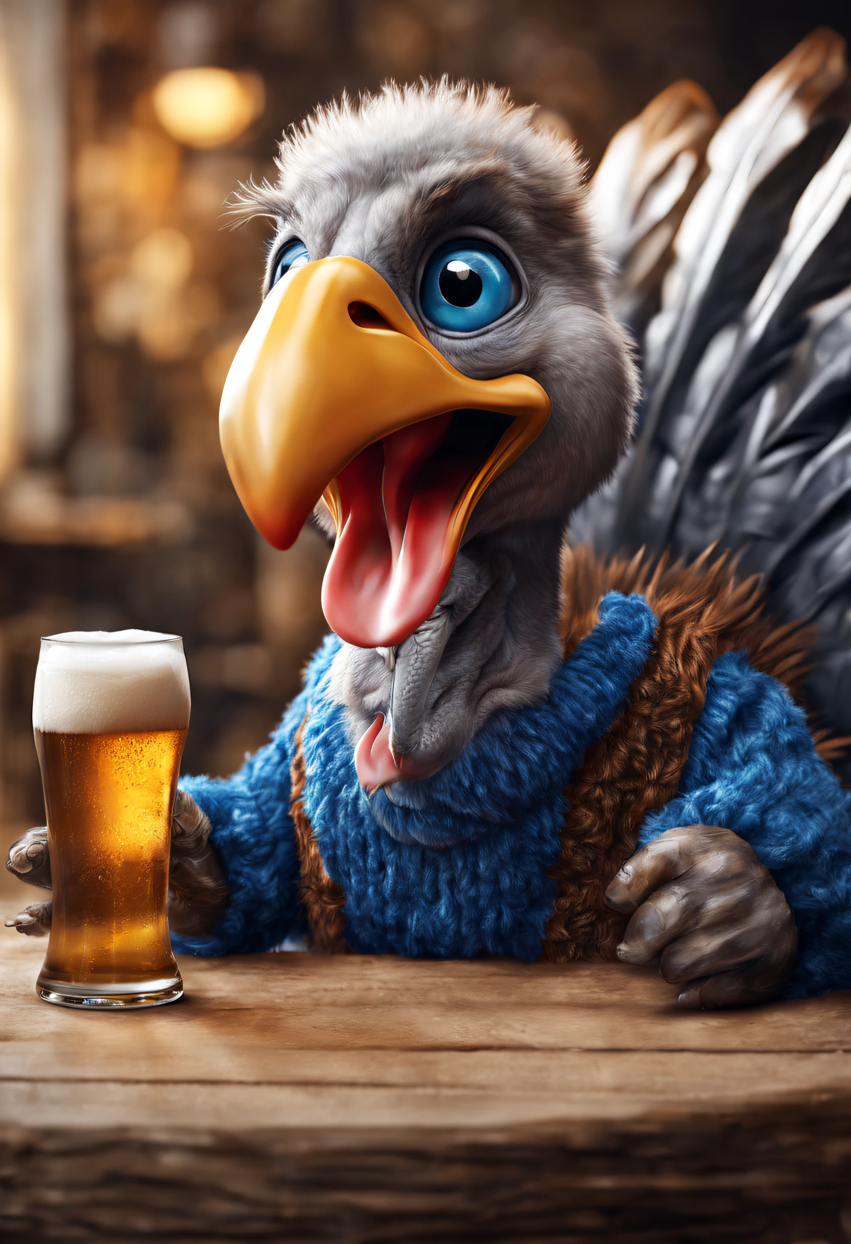 Brand advertising, Creative poster, Cute turkey wearing blue sweater ,drinking beer, 3 Rendering, Focus sharp, ultra-realistic realism, Fluffy, fantasy engine, 5 quality rendering, 3 Rendering, furry art,