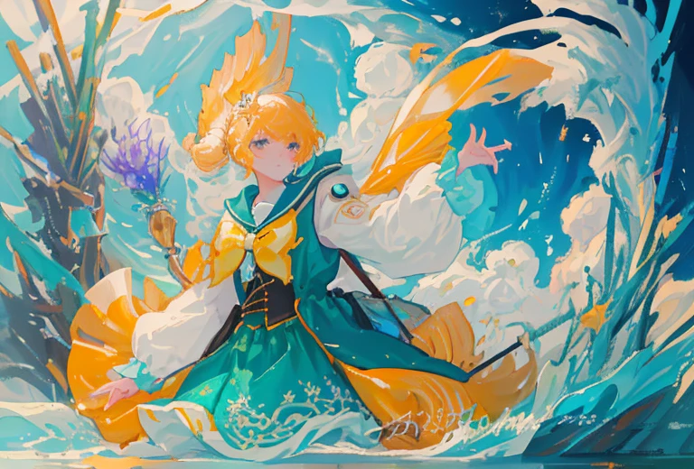 (Masterpiece, Top Quality, Best Quality, beautiful and aesthetic:1.2), (1girl:1.3), extremely detail, (Colorful:1.1), (Colorful Background1:1), (#30B3FF:1.5), (#FA52F4:1.1), highest detail, arma, holding weapon, (Glowing Weapons), Detailed background, water:1.2, Flowers:1.2, Masterpiece, 8K, under the sea, fish, sea, watre, carp