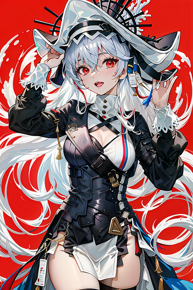 1girl, white hair, large breasts, thick thighs, leotard, knife, red eyes, black leotard, epaulettes, fur trim