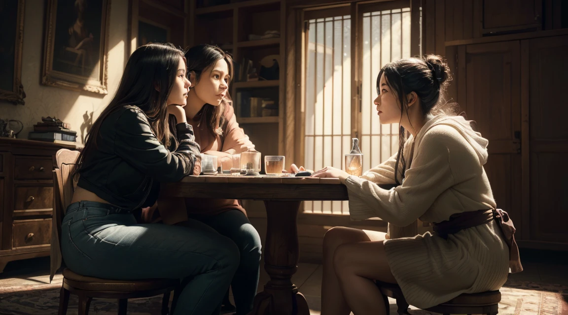 (best quality, 4k, 5people, masterpiece: 1.2), highly detailed, (wideangle, realistic, photorealistic, photo-realistic: 1.37), HDR, stunning colors, soft lighting, ,someone is sitting, listening carefully, the friend is telling a story, the friend is standing, telling the story enthusiastically