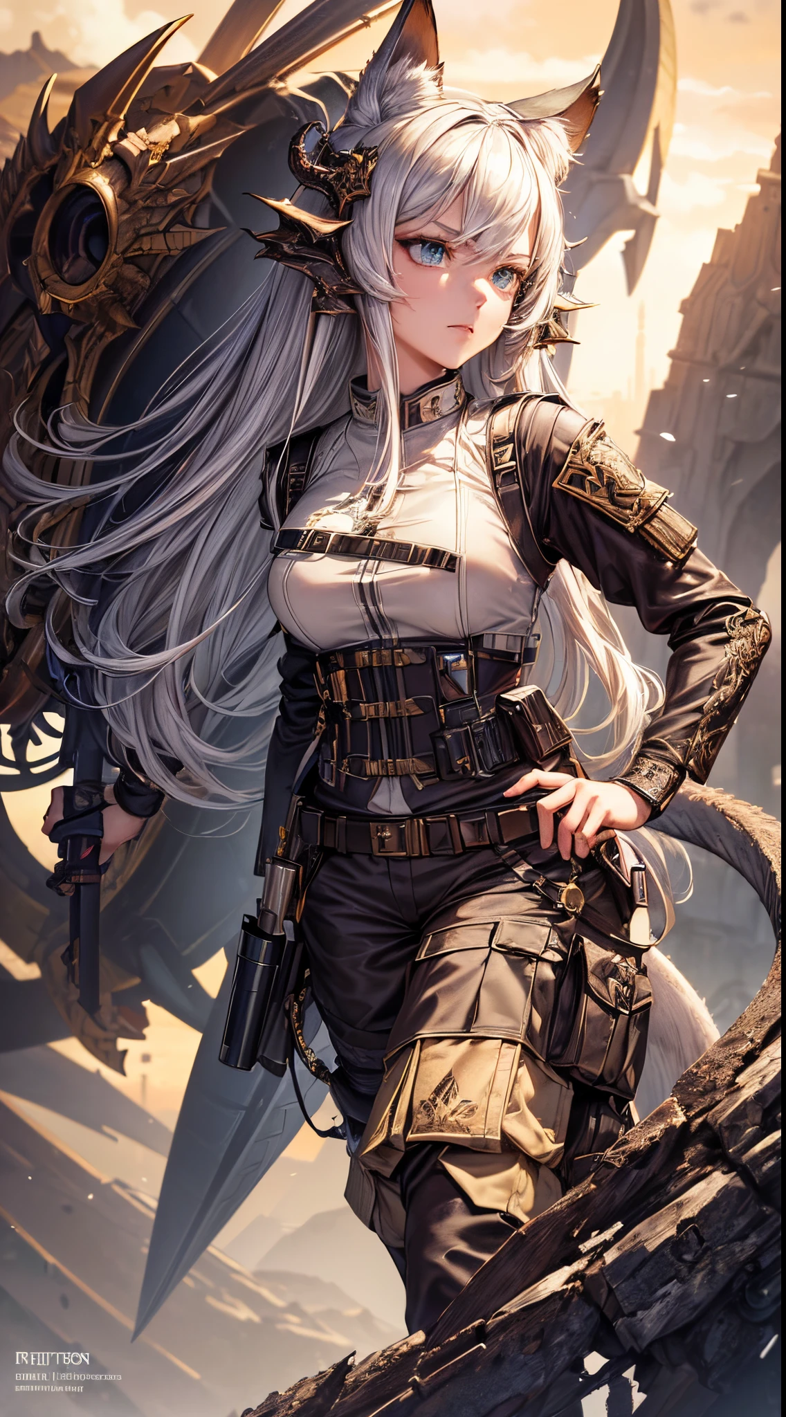 masterpiece, high quality, character concept art, (detailed face, detailed eyes, detailed body:1.5), ARKNIGHTS, sci-fi knights, anthro animals, dragon animals features, dragon animal ears and tails, (wearing sexy elegant future outfit uniform with straps and accessories, cargo pants, military vest), holding weapon, action pose, battle damage