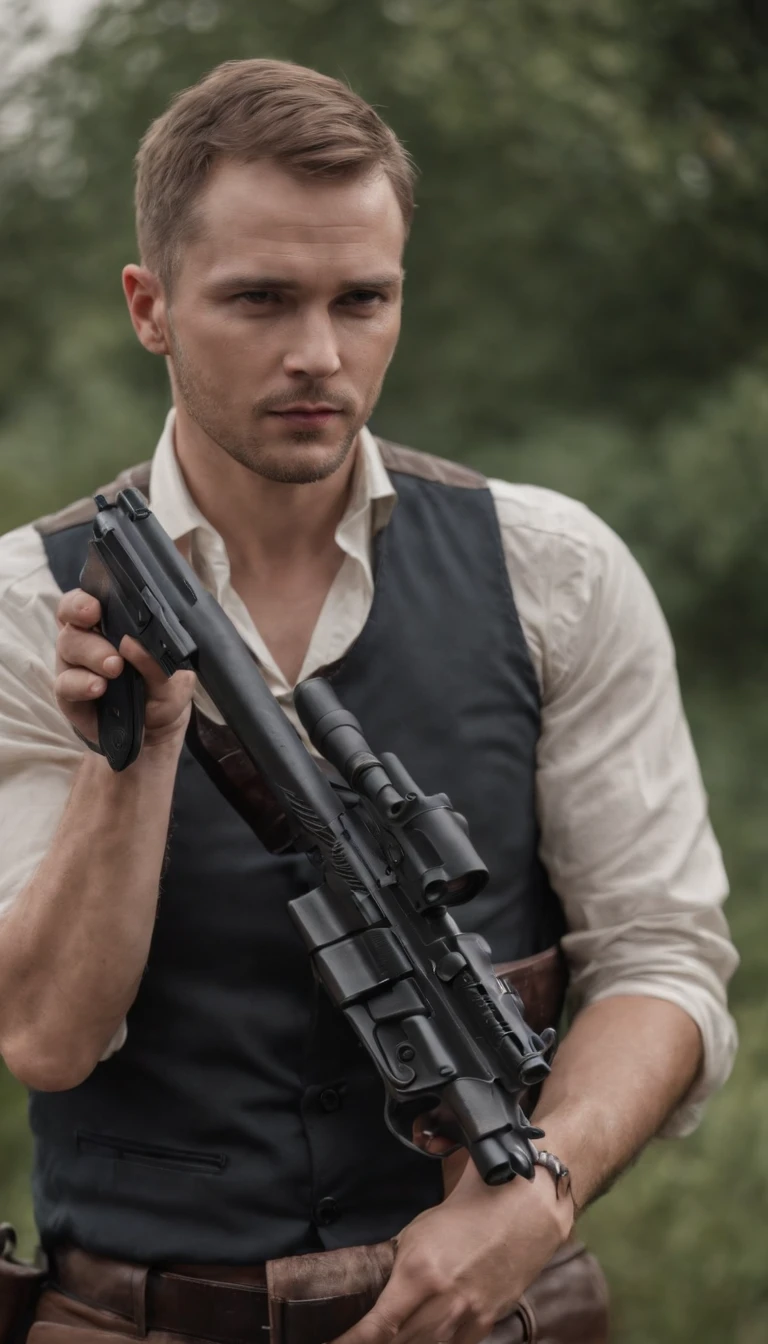Killer 47,Holding a pistol with a silencer in his hand,hand gun,malefocus,full body shot shot,Surreal art