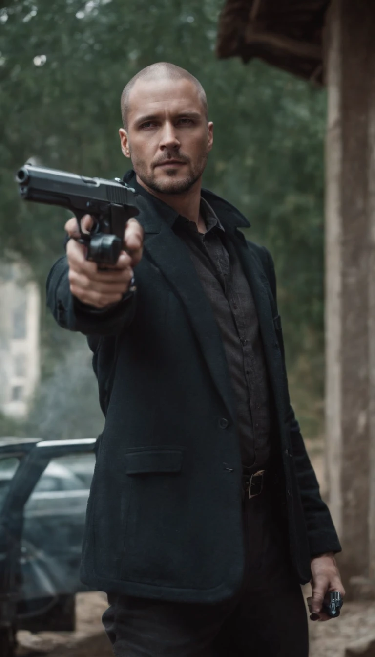 Killer 47,Holding a pistol with a silencer in his hand,hand gun,malefocus,full body shot shot,Surreal art
