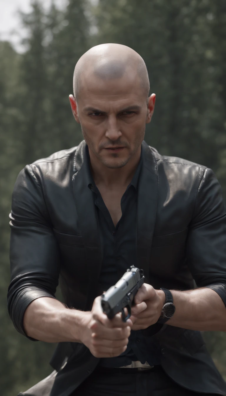 (best quality,highres,masterpiece:1.2),ultra-detailed,(realistic,photorealistic,photo-realistic:1.37),Hitman 47, silencer, pistol, male focus, full-body shot, surrealist art