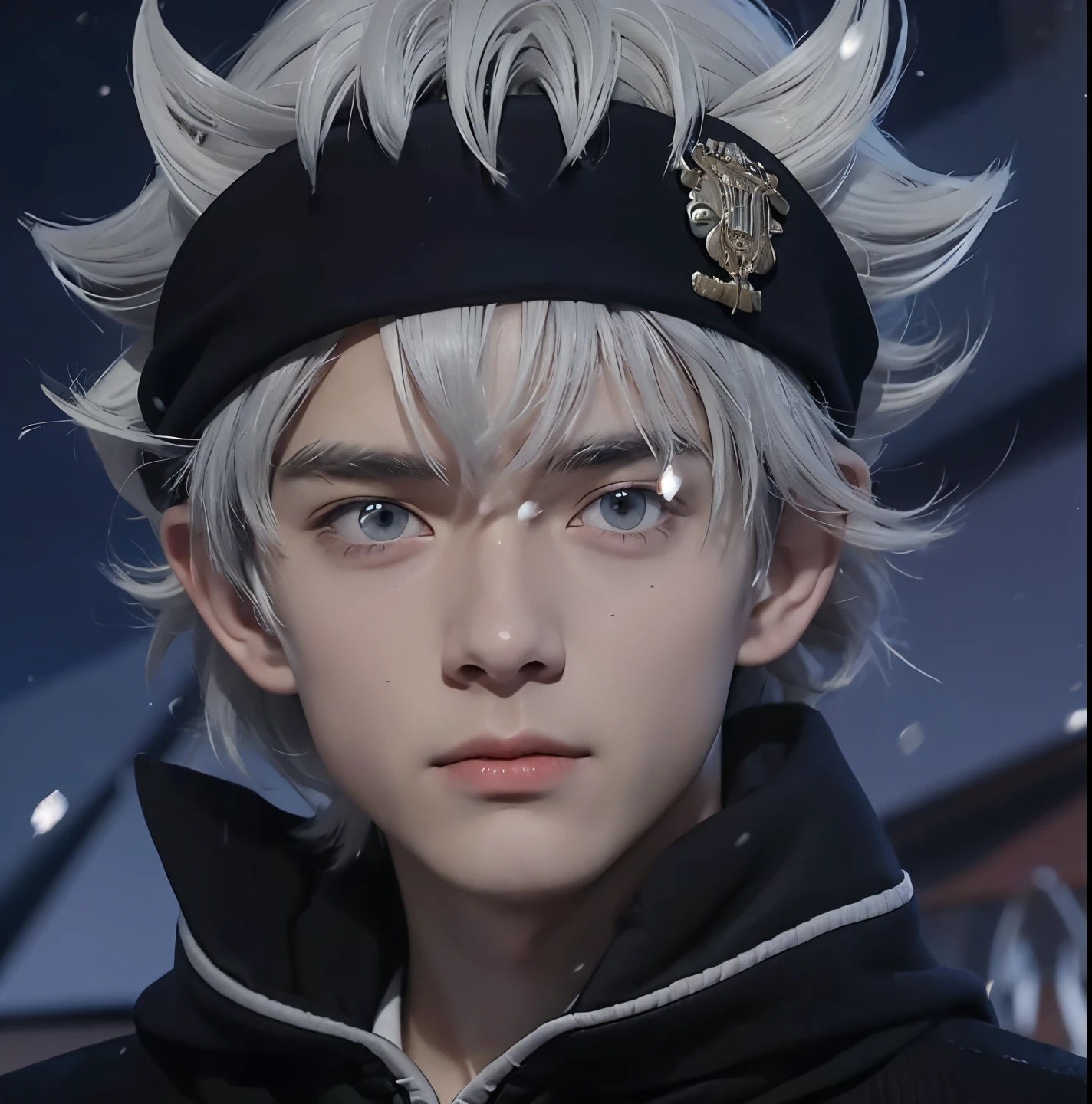 A realistic gray haired teenage boy, (same realistic hair style), realistic headband, realistic handsome face, realistic cool expression, adapt realistic clothes,realistic light, realistic shadows, realistic background, realistic snow, good image quality, very good image results, 4k, ultra detailed, realistic