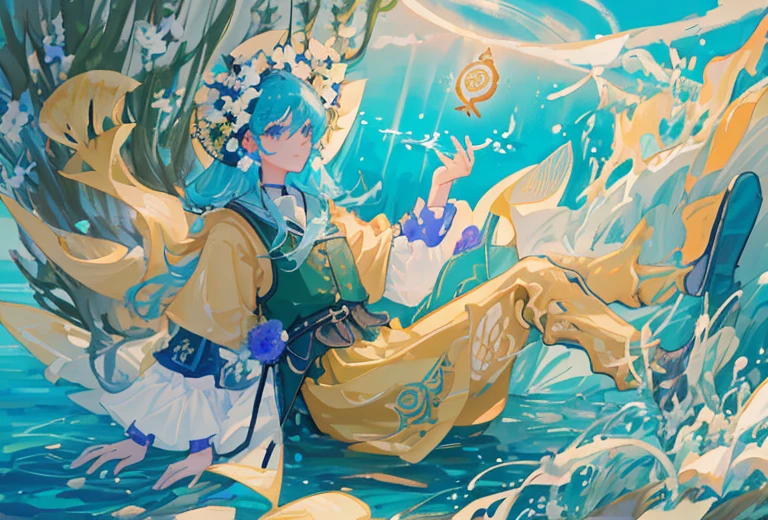(Masterpiece, Top Quality, Best Quality, beautiful and aesthetic:1.2), (1girl:1.3), extremely detail, (Colorful:1.1), (Colorful Background1:1), (#30B3FF:1.5), (#FA52F4:1.1), highest detail, arma, holding weapon, (Glowing Weapons), Detailed background, water:1.2, Flowers:1.2, Masterpiece, 8K, under water, fish, Sea, water, Carp , Tarot symbols、