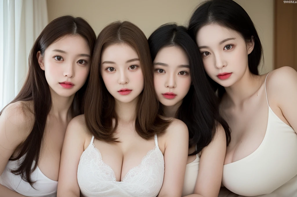 ((realistic, pale white skin:1.3,high resolution:1.3)), 3 young girl with perfect figure, three people leaning forward side by side:1.2, (gigantic breasts:1.3),half body, super fine face and eyes, long hair, white veil: 1.2 , in bedroom, sit on the bed, exposed cleavage