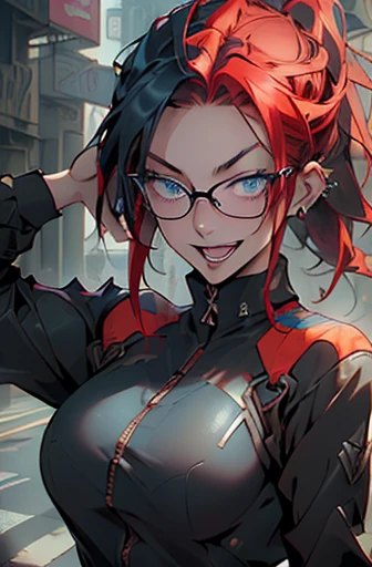 1nerdy 30yo Asian woman with glasses, (braided multicolored hair:1.5), ((boyish)), (low pony tail:1.5), ((messy hair:1.0), (two-tone hair:1.5), (half black and half red hair:1.5)), ((on the left side is black hair:1.5), (on the right side is red hair:1.5)), (((black-rimmed round glasses))), (((beautifully detailed face))), (((perfect face))), (((Beautiful detailed eyes))), (((perfect eyes))), sharp eyes, (Dark Blue eyes:1.5), (gothic makeup with so many eyelashes and jet black eyeshadow), ((sadistic grinning smile:1.2), (open mouth:1.5)), (bronze skin:1.5), ((open stand neck blazer), (loose t-shirt)), street fashion, cargo pants, (Solo), perfect ???????, slender, small bust, abs, (thin waist), (handsome face:1.3), ((crazy smile:1.0), (teeth fangs:1.3)), (dark skin:1.5), (Narrowed Eyes:1.1), (half-closed eyes:1.4), (natural forehead:1.2), (piercings:1.3), (action pose:1.2), (((black thick rimmed glasses))), (high detailed skin), ((top-quality)), ((High Definition)), ((beautiful detailed)), high quality shadow, mostly cloudy sky, ((official art)), octane render, two-tone lighting, (Cyberpunk city street background, detailed background), White balance, Long Exposure, Depth of Field, anatomically correct, (((Best Quality))), (((masterpiece))), (((Super Detail))), (((UHD)))
