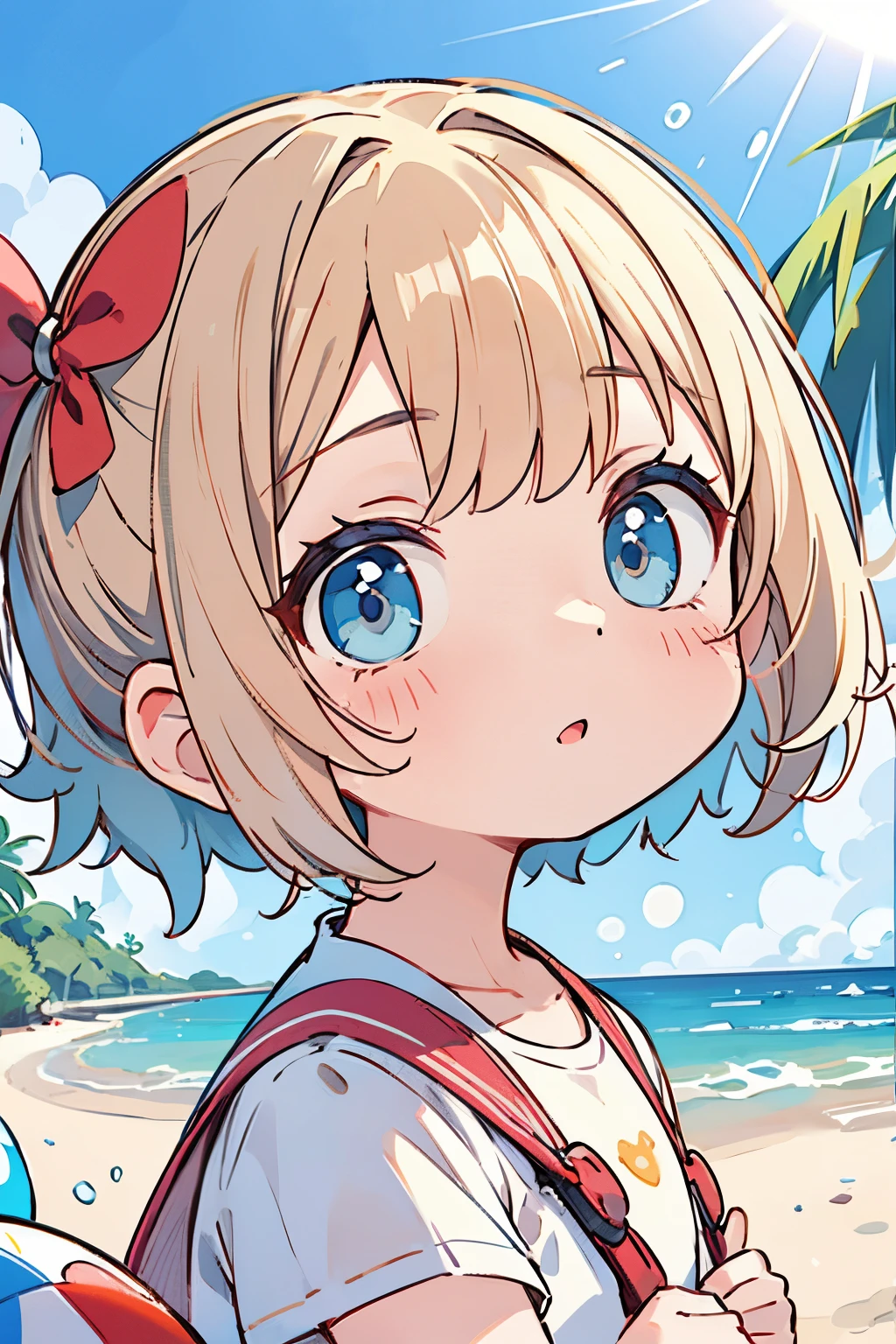 ((best quality)), ((masterpiece)), (detailed), perfect face, girl at the beach, holding beach ball, little sister, short girl, loli