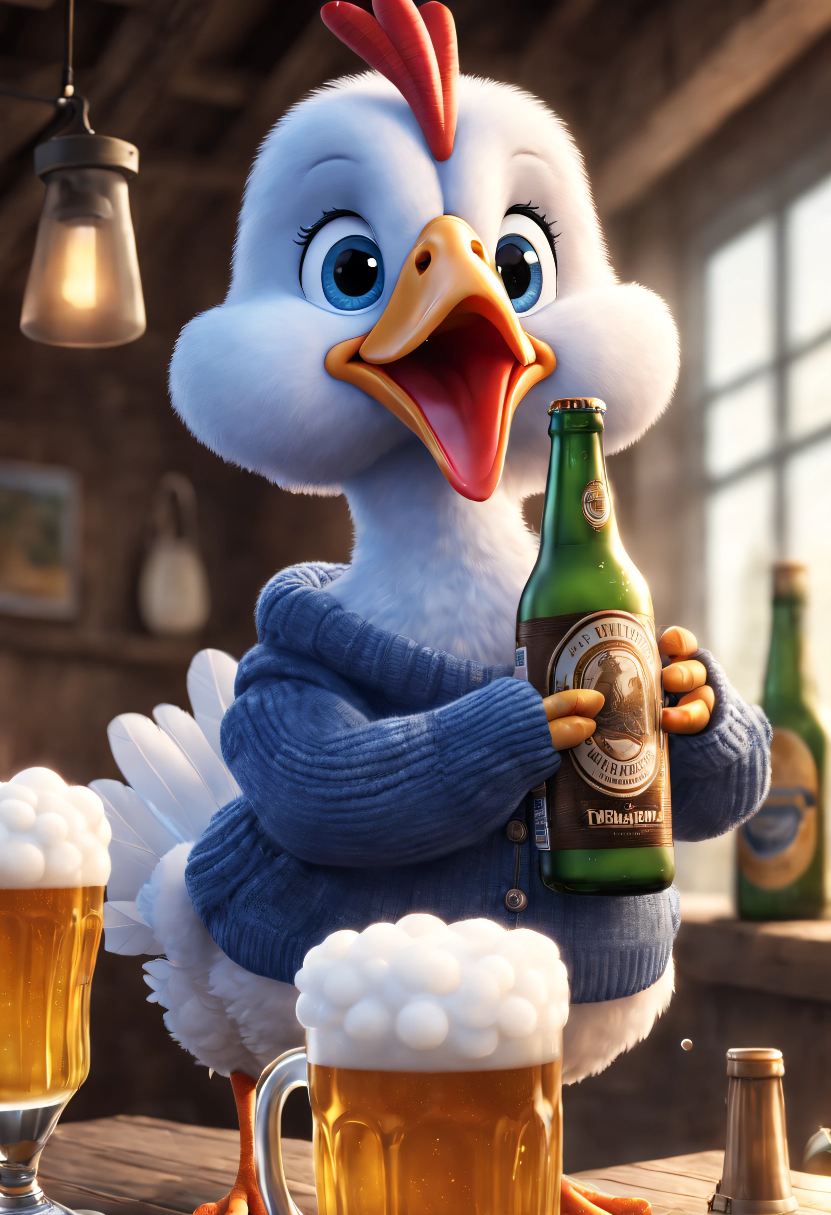 Cute white turkey in blue sweater is drinking beer， Foam bubbles from a big beer bottle，3 Rendering, Focus sharp, ultra-realistic realism, Fluffy, fantasy engine, 5 quality rendering, 3 Rendering, furry art,Brand advertising, Creative poster,Made by Pixar，