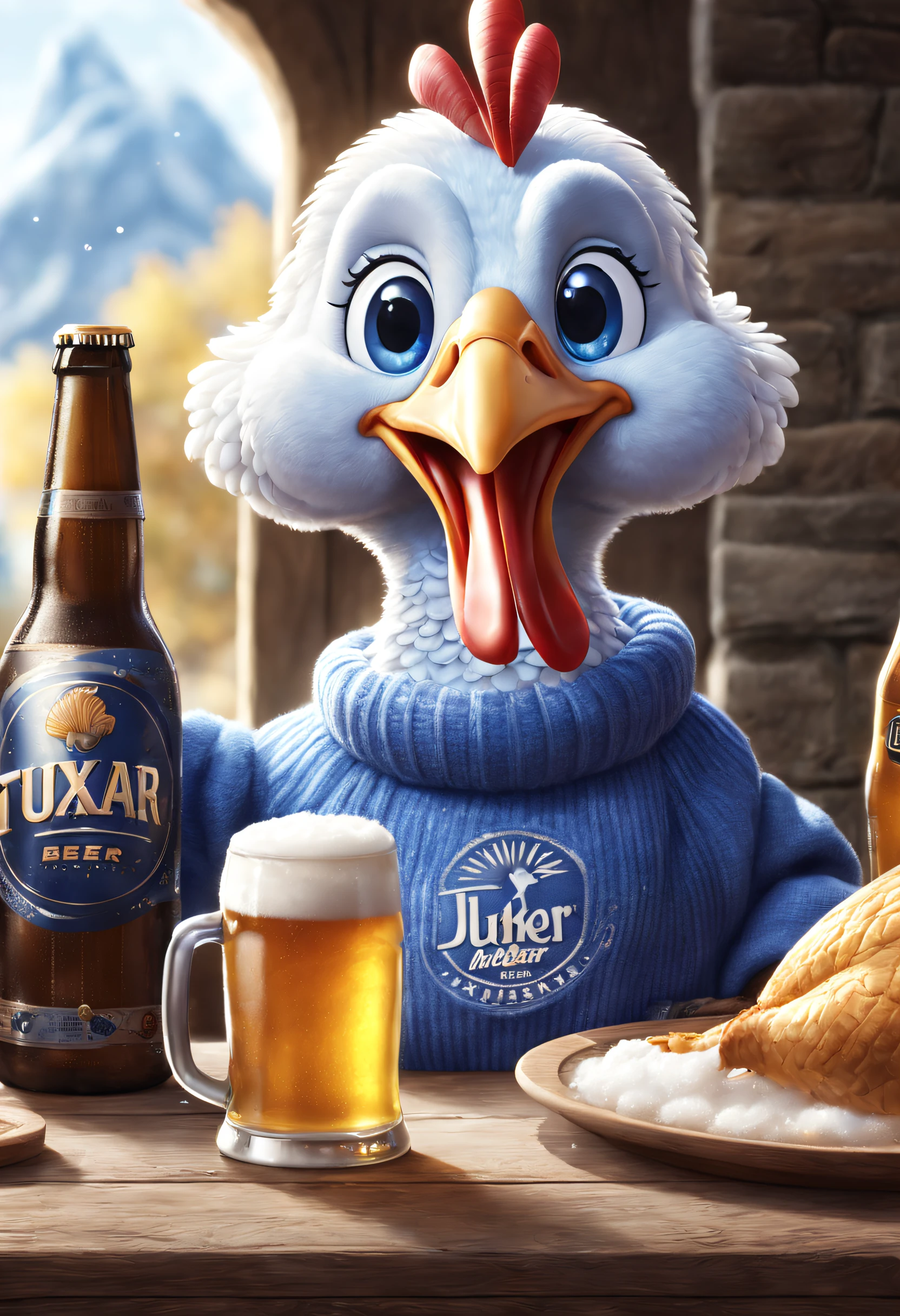 Cute white turkey in blue sweater is drinking beer， Foam bubbles from a big beer bottle，3 Rendering, Focus sharp, ultra-realistic realism, Fluffy, fantasy engine, 5 quality rendering, 3 Rendering, furry art,Brand advertising, Creative poster,Made by Pixar，